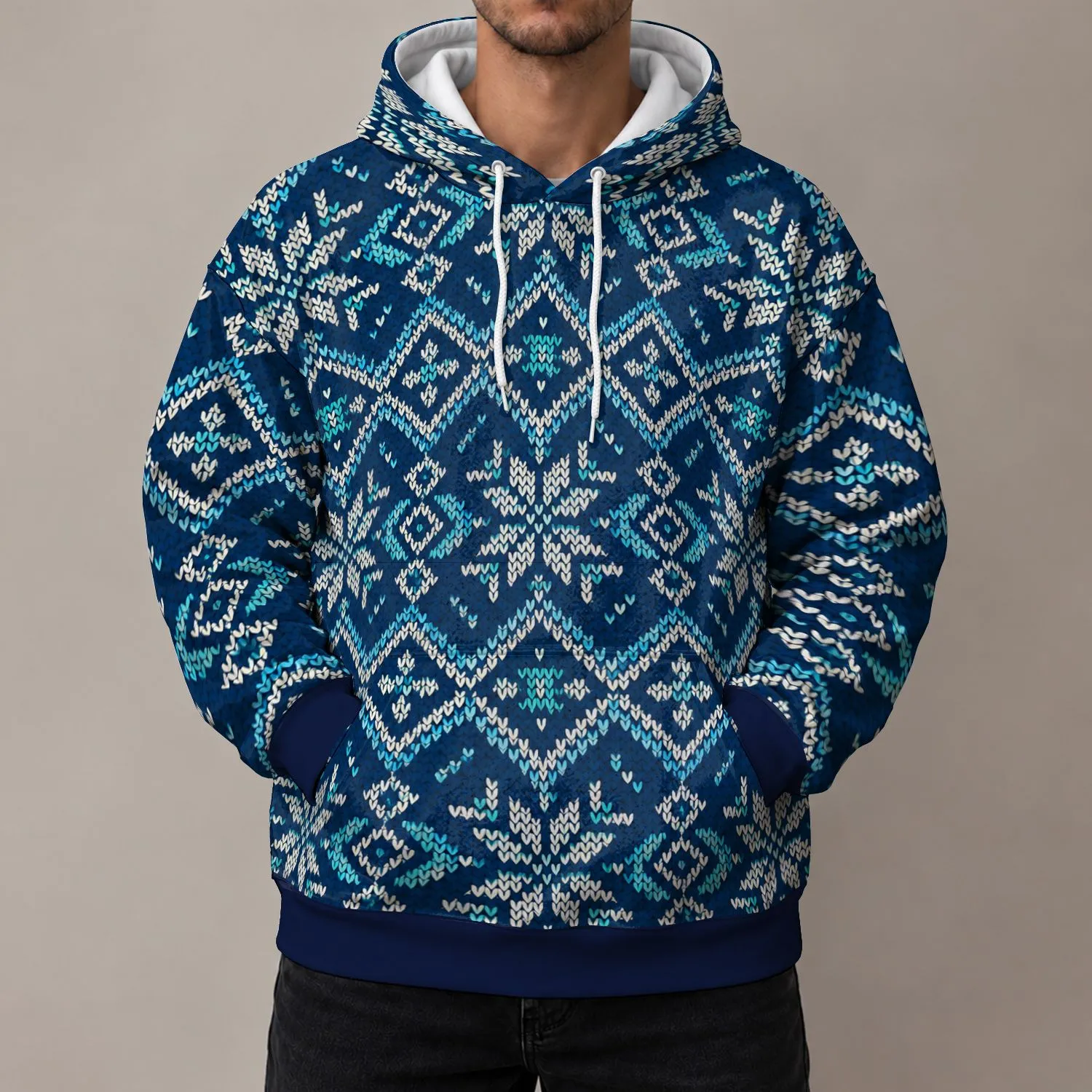 Navy Nordic Snowflake Motifs for Cozy Winter Walks, Cabin Days, and Fireside Weekends All-over Print Hoodie (Lightweight) - 1