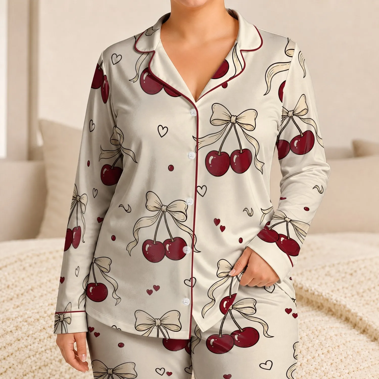 Red Cherry Heart Bows for Romantic Spring Nights and Women's Cozy Weekend Lounging Satin Pajamas Set - 1