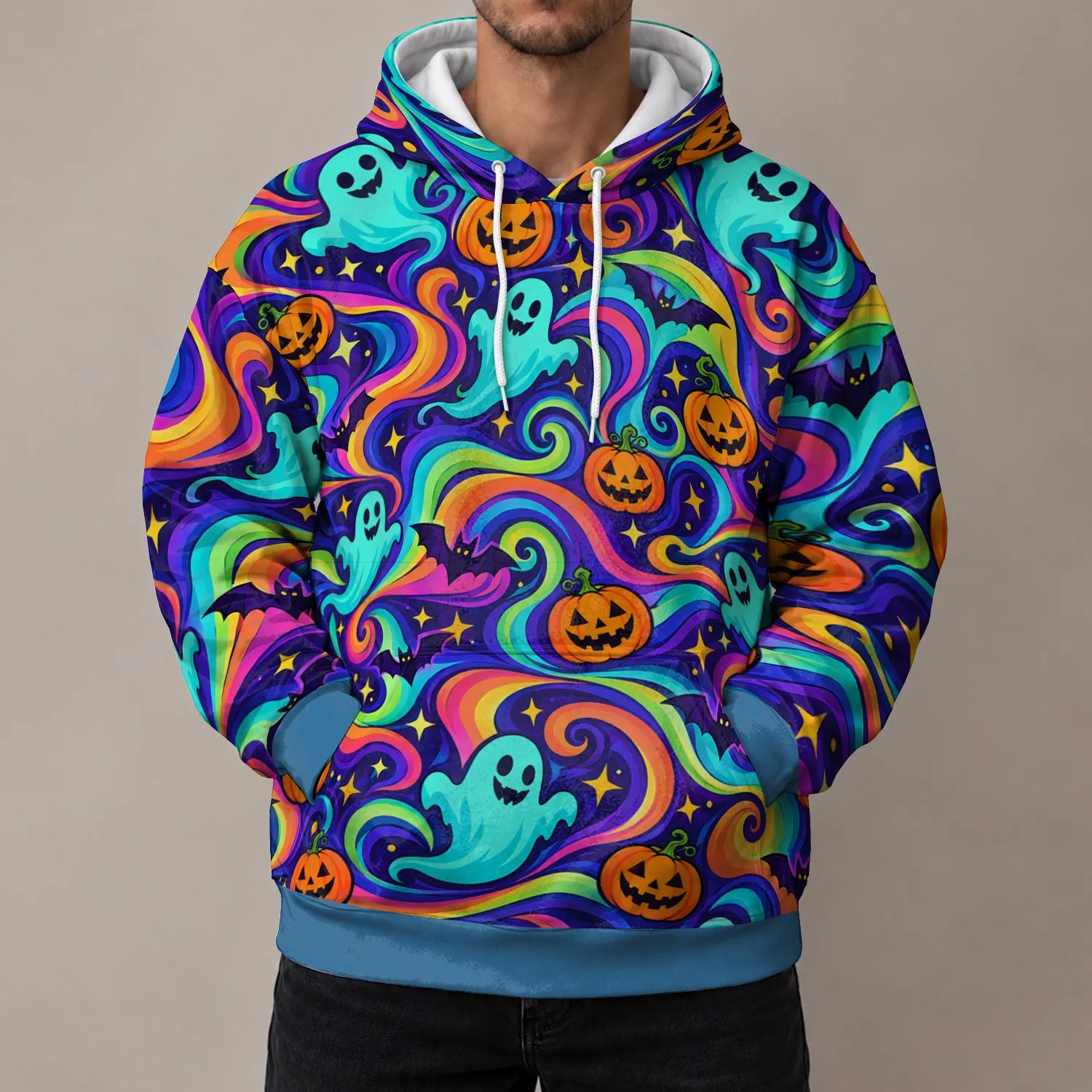 Swirling Pumpkins, Friendly Ghosts & Bats for Colorful Autumn Night Celebrations All-over Print Hoodie (Lightweight) - 1