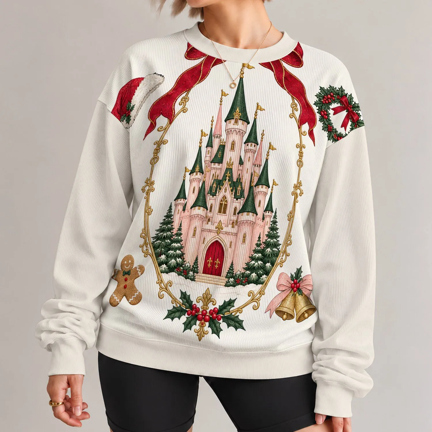Enchanted Christmas Castle With Red Bow for Festive Holiday Celebrations All-over Print Knitted Sweater - 1
