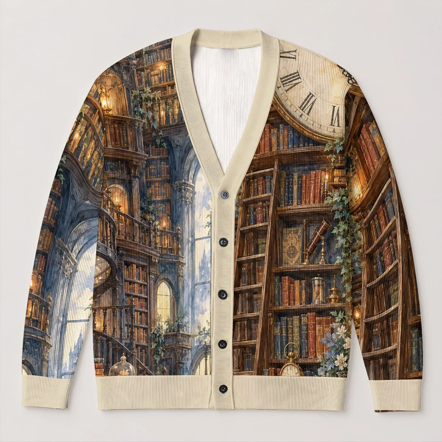 Vintage Library Clocks and Bookshelves for Cozy Autumn Reading and Study Days All-over Print Knitted Cardigan - 1