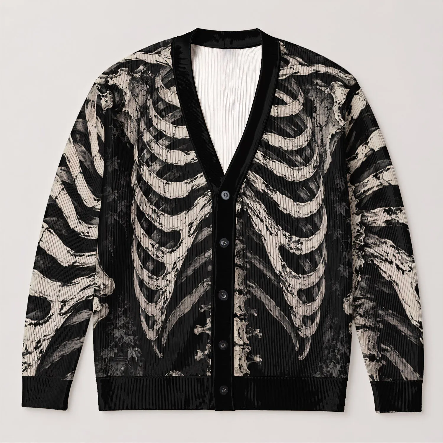 Gothic Skeleton Ribcage Bones for Alternative Everyday Layering and Halloween Style All-over Print Knitted Cardigan - 1