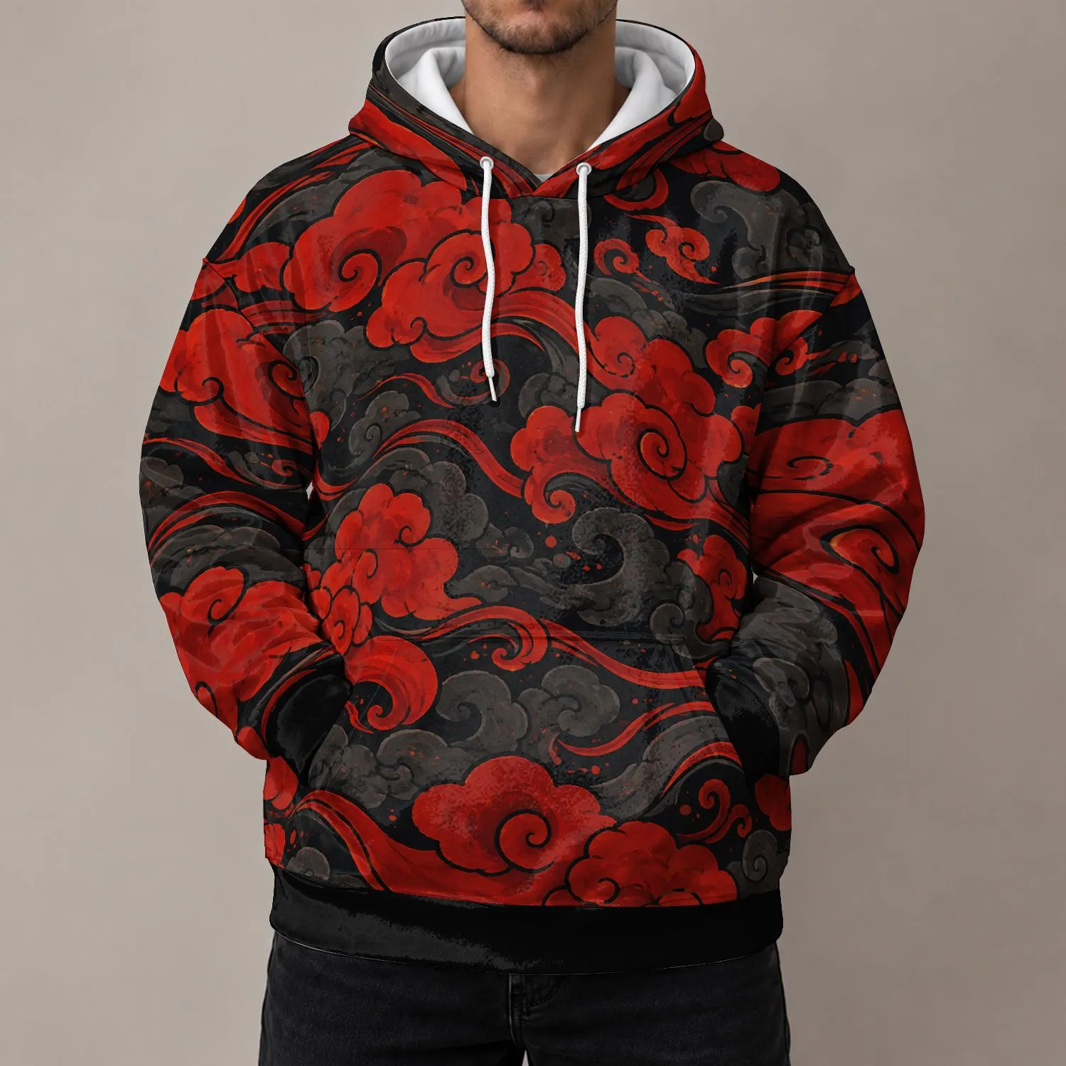 Black And Crimson Swirling Clouds For Bold Everyday Streetwear And Alternative Style All-over Print Hoodie (Lightweight) - 1