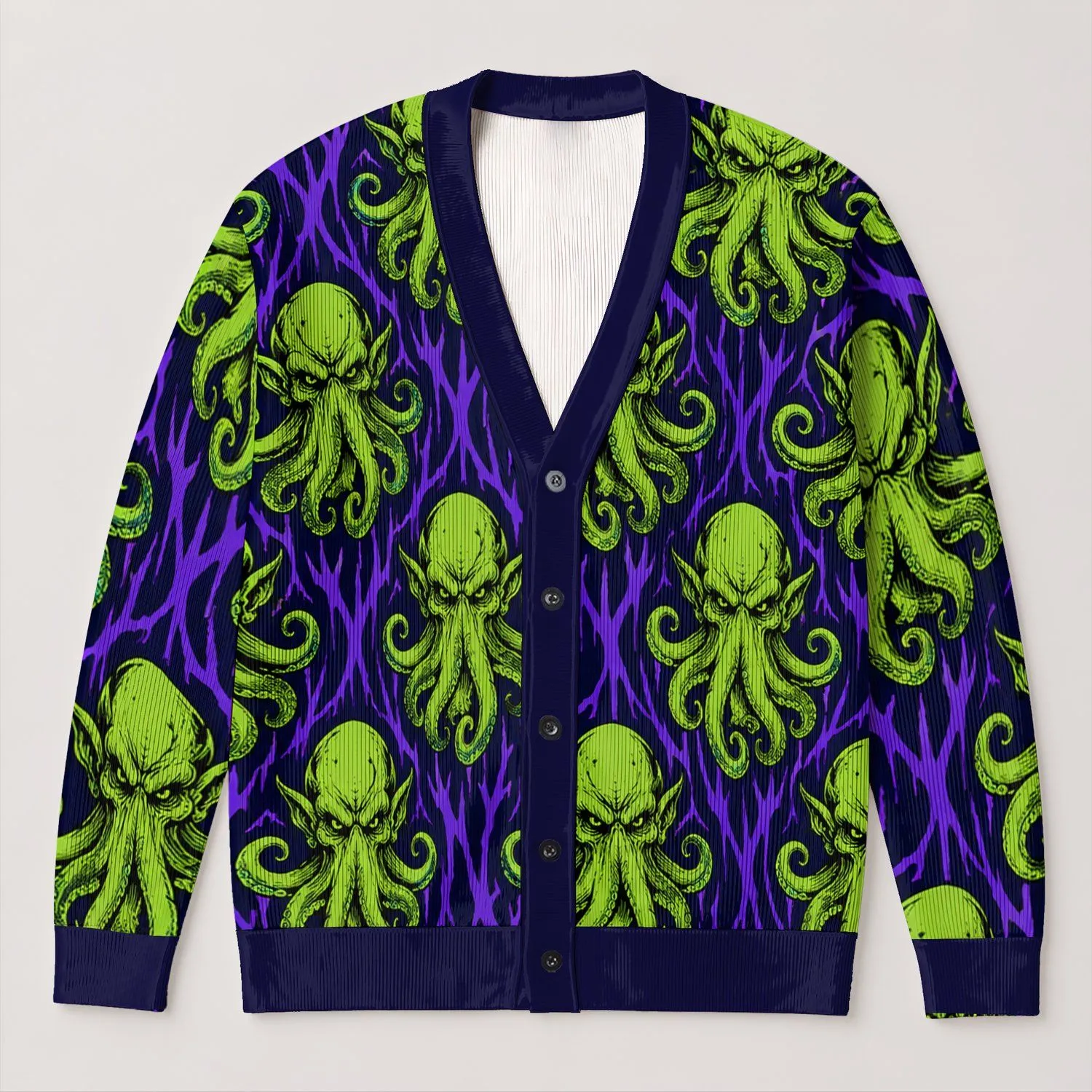 Cthulhu Octopus and Neon Flames for Dark Fantasy Everyday Layering All-over Print Knitted Cardigan - 1