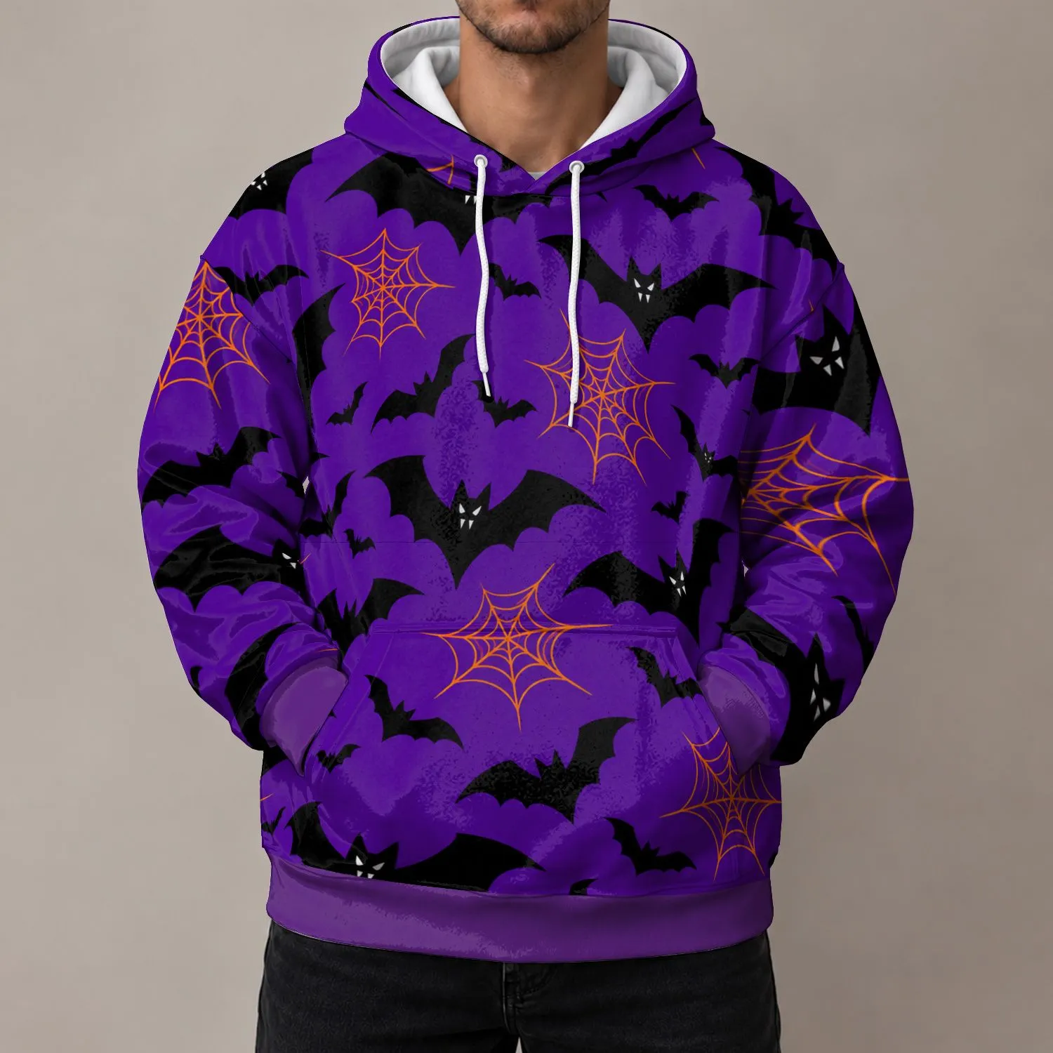 Purple Bat And Orange Spiderweb Motifs For Halloween Nights And Autumn Outings All-over Print Hoodie (Lightweight) - 1