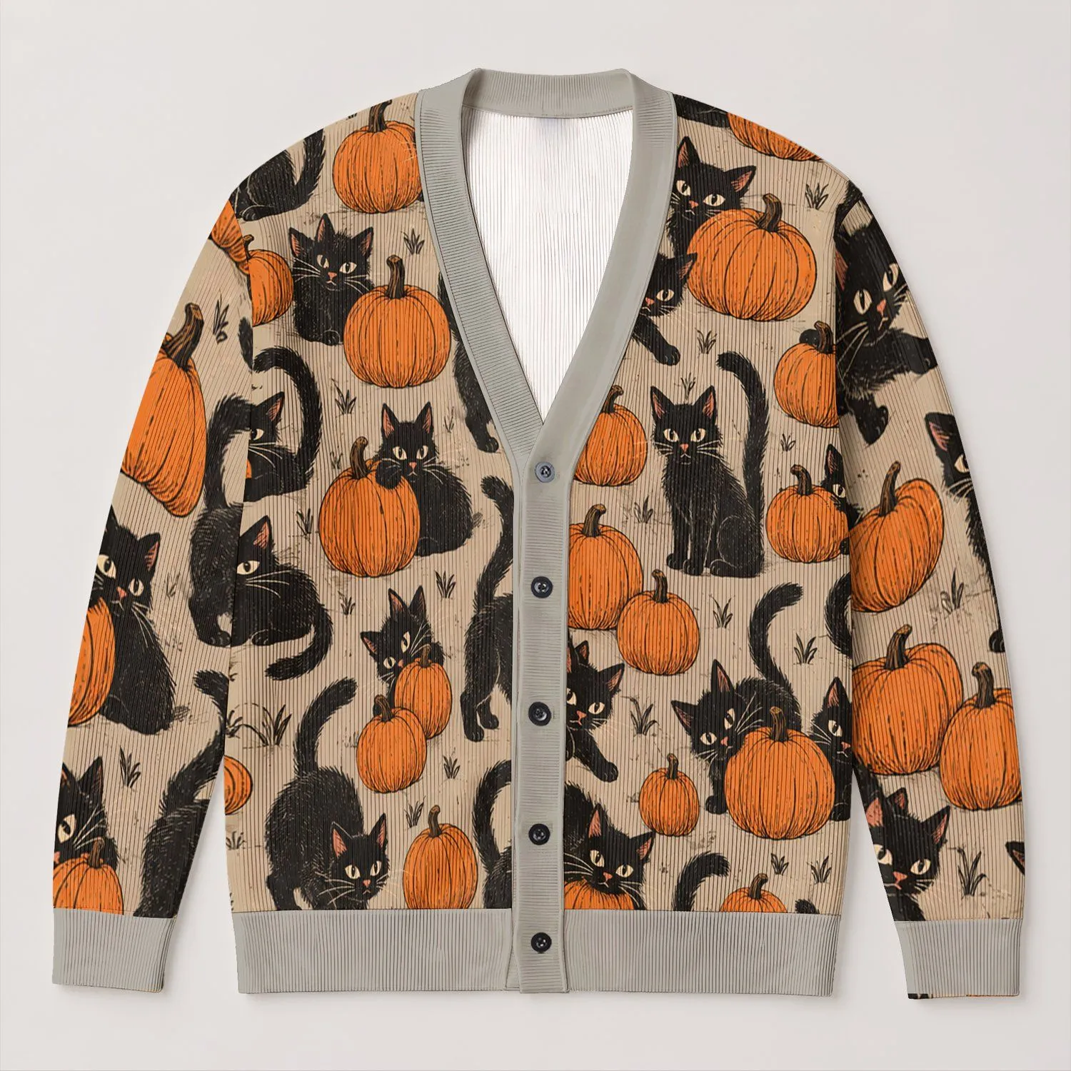 Black Cats And Orange Pumpkins For Cozy Halloween Autumn Layering All-over Print Knitted Cardigan - 1