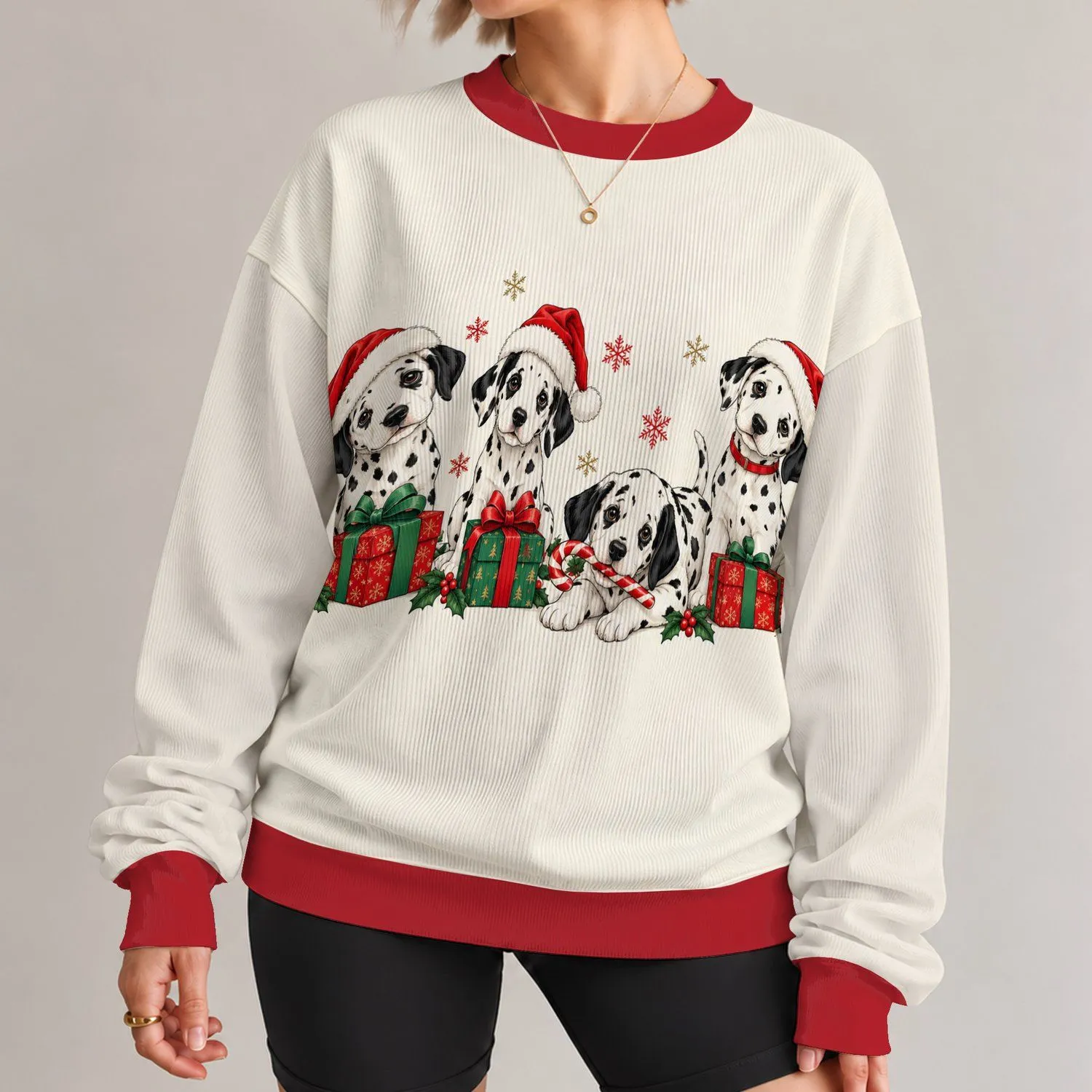 Dalmatian Puppies in Santa Hats with Gifts for Christmas Celebrations and Dog Lovers All-over Print Knitted Sweater - 1
