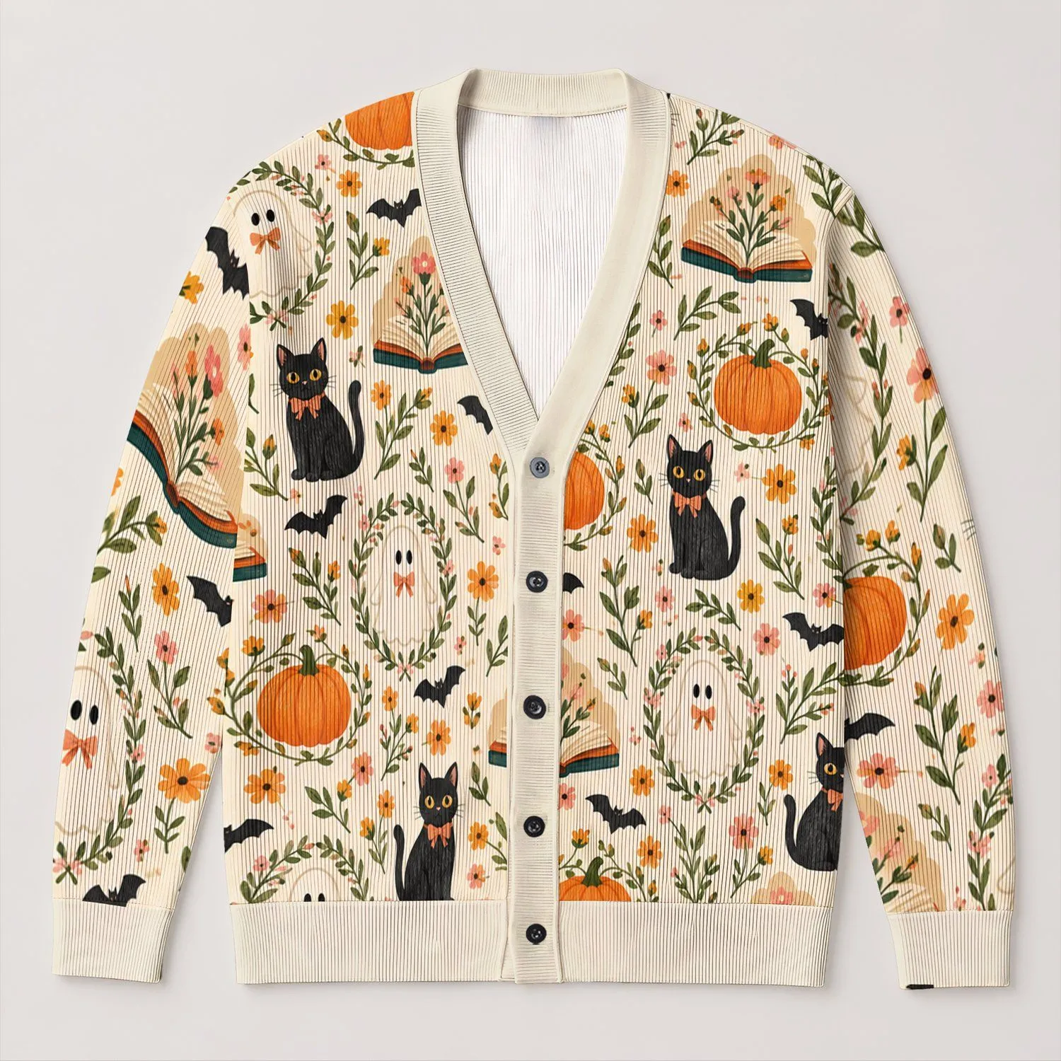 Cute Halloween Black Cats Ghosts Pumpkins for Cozy Autumn Everyday Layering Teen Girls All-over Print Knitted Cardigan - 1