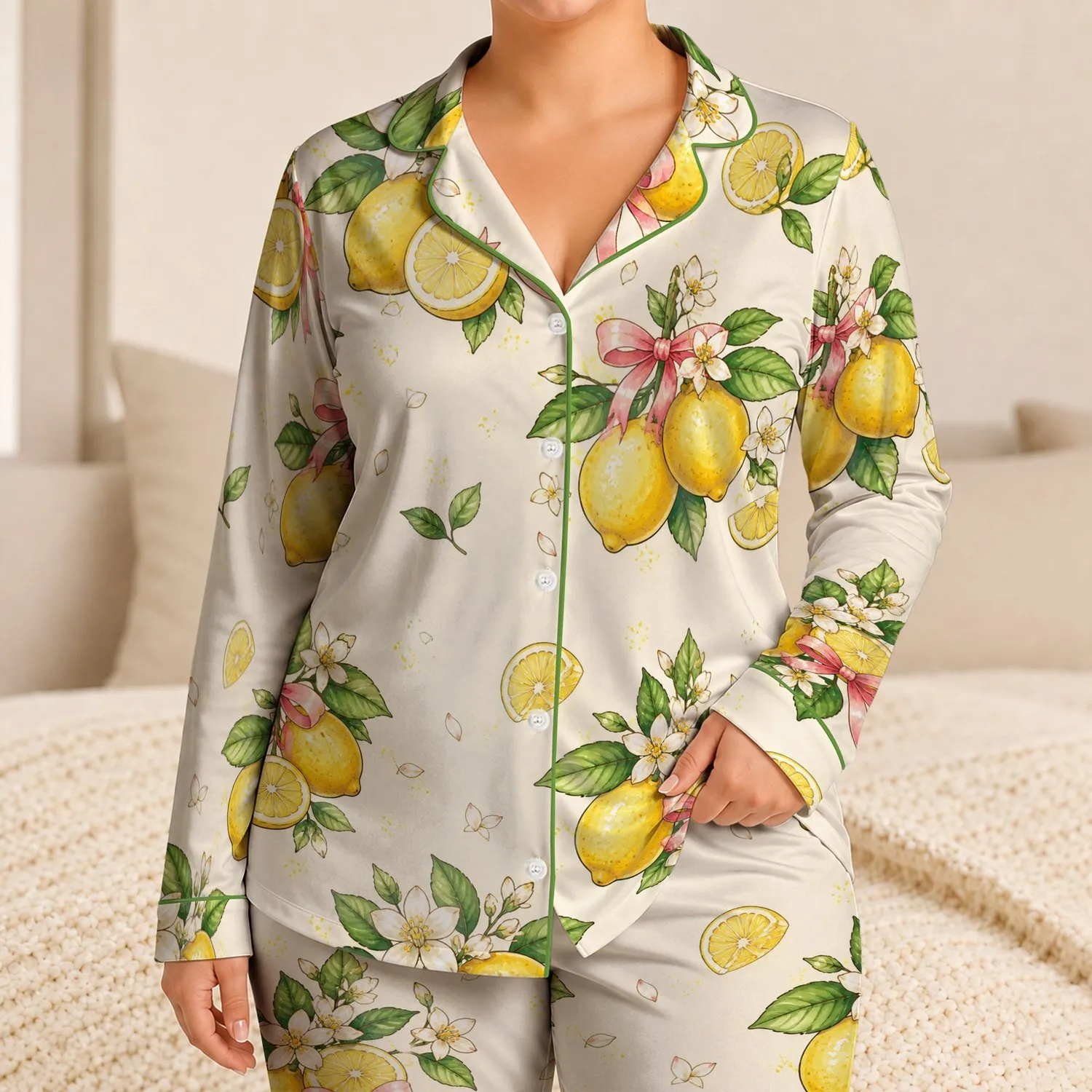 Fresh Lemon Cluster Sleepwear for Summer Lounging, Sweet Bowknot Style for Girls Satin Pajamas Set - 1