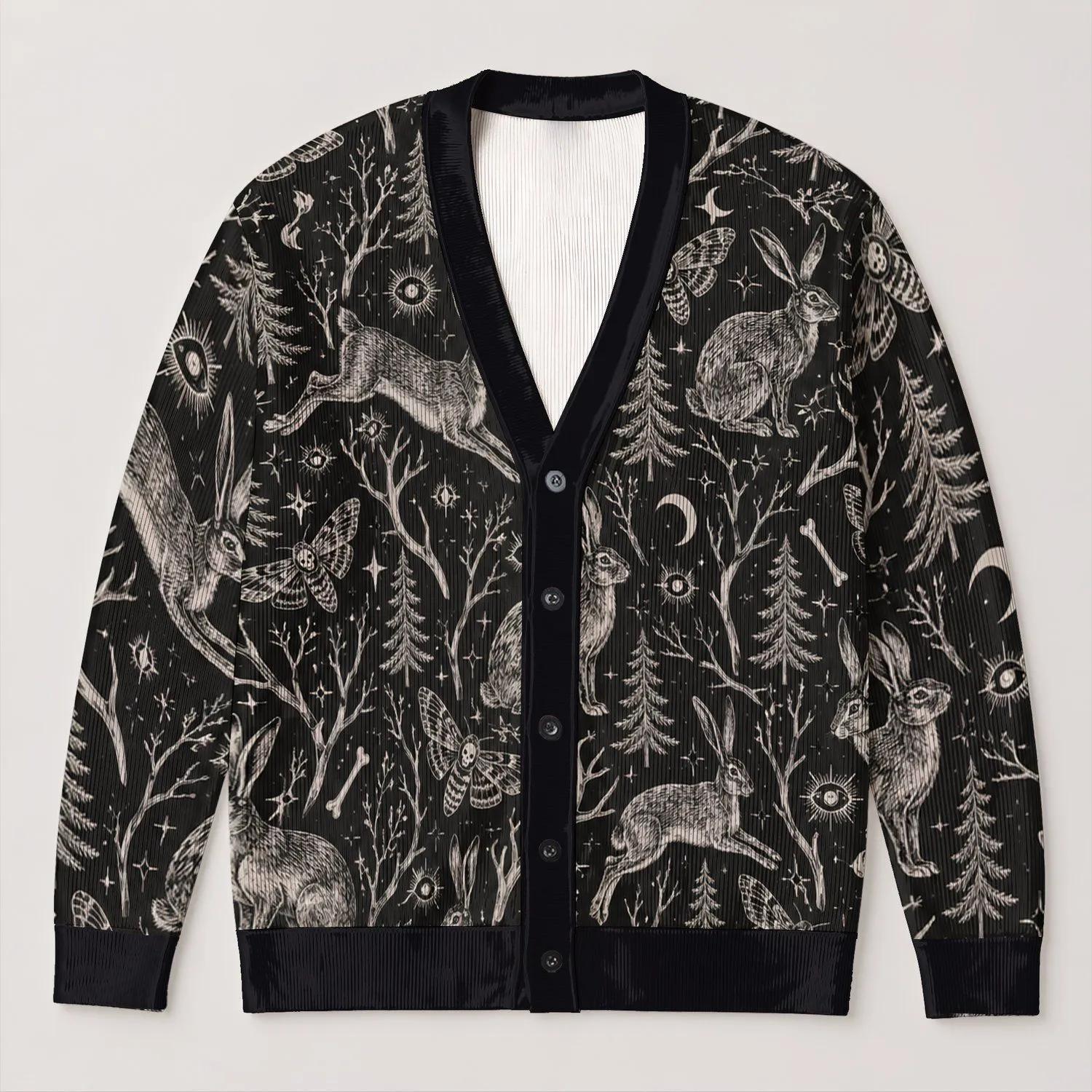 Gothic Hare Moth and Moonlit Forest Nightwear for Alternative Nature Lovers All-over Print Knitted Cardigan - 1
