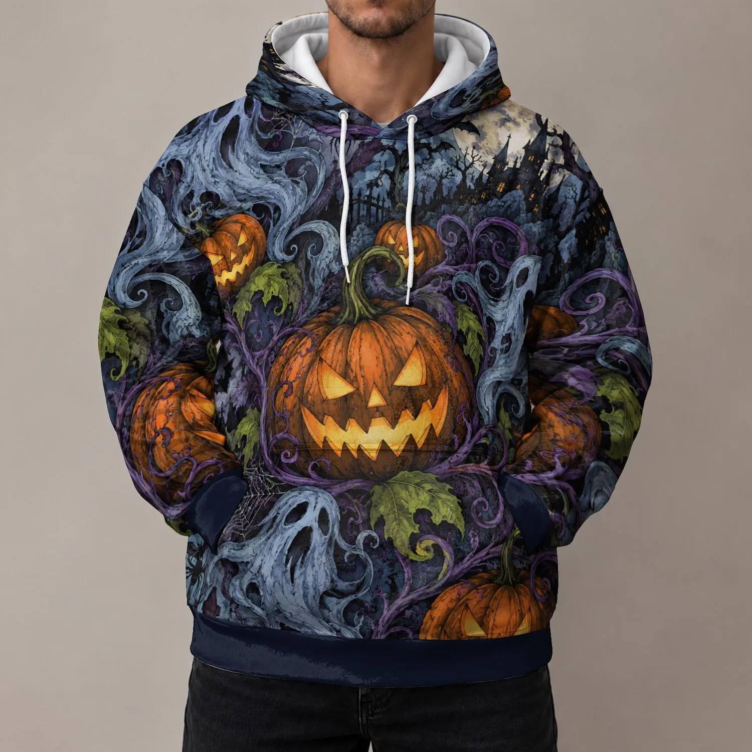 Swirling Jack-O'-Lanterns And Spiderwebs For Halloween And Autumn Night Celebrations All-over Print Hoodie (Lightweight) - 1