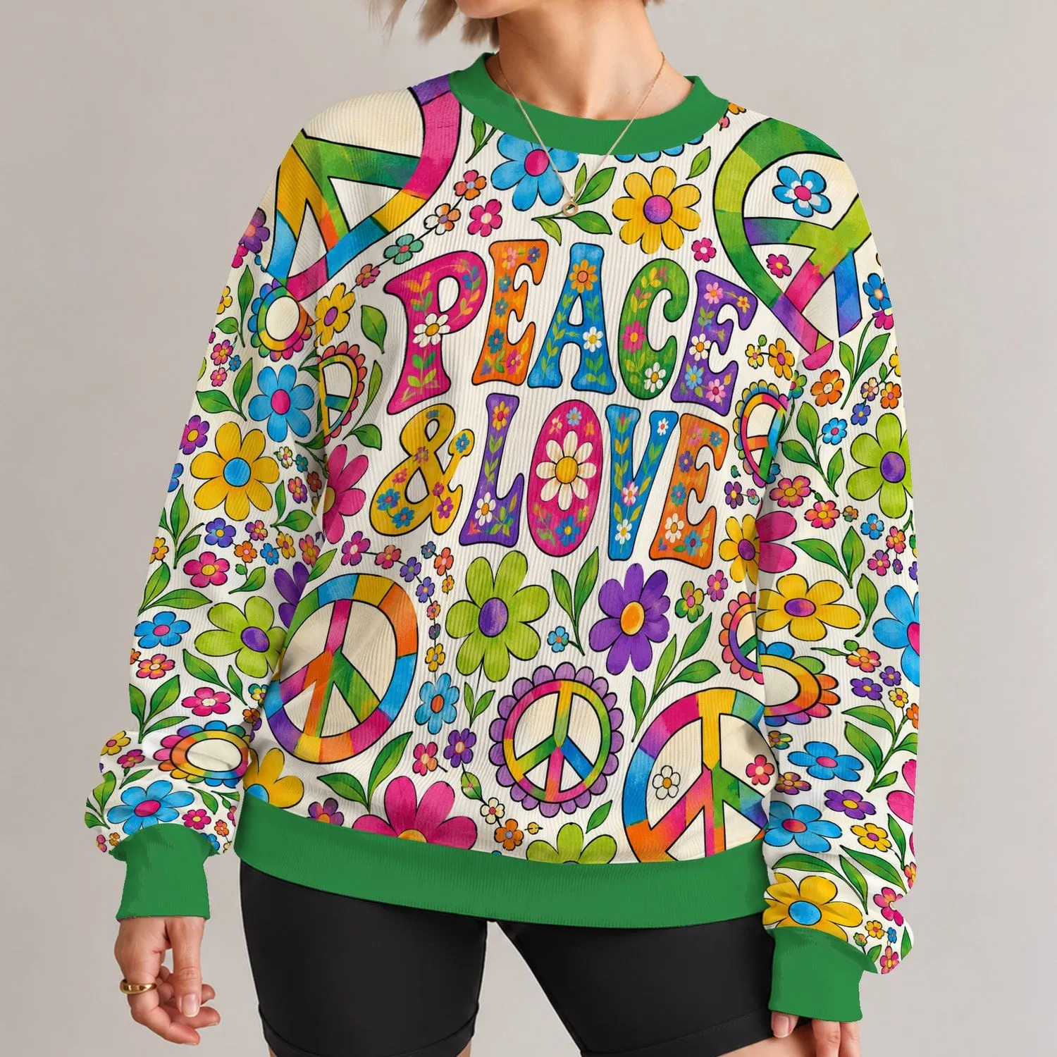 Colorful Peace And Love Flowers For Spring Festivals And Everyday Bohemian Style Wear All-over Print Knitted Sweater - 1