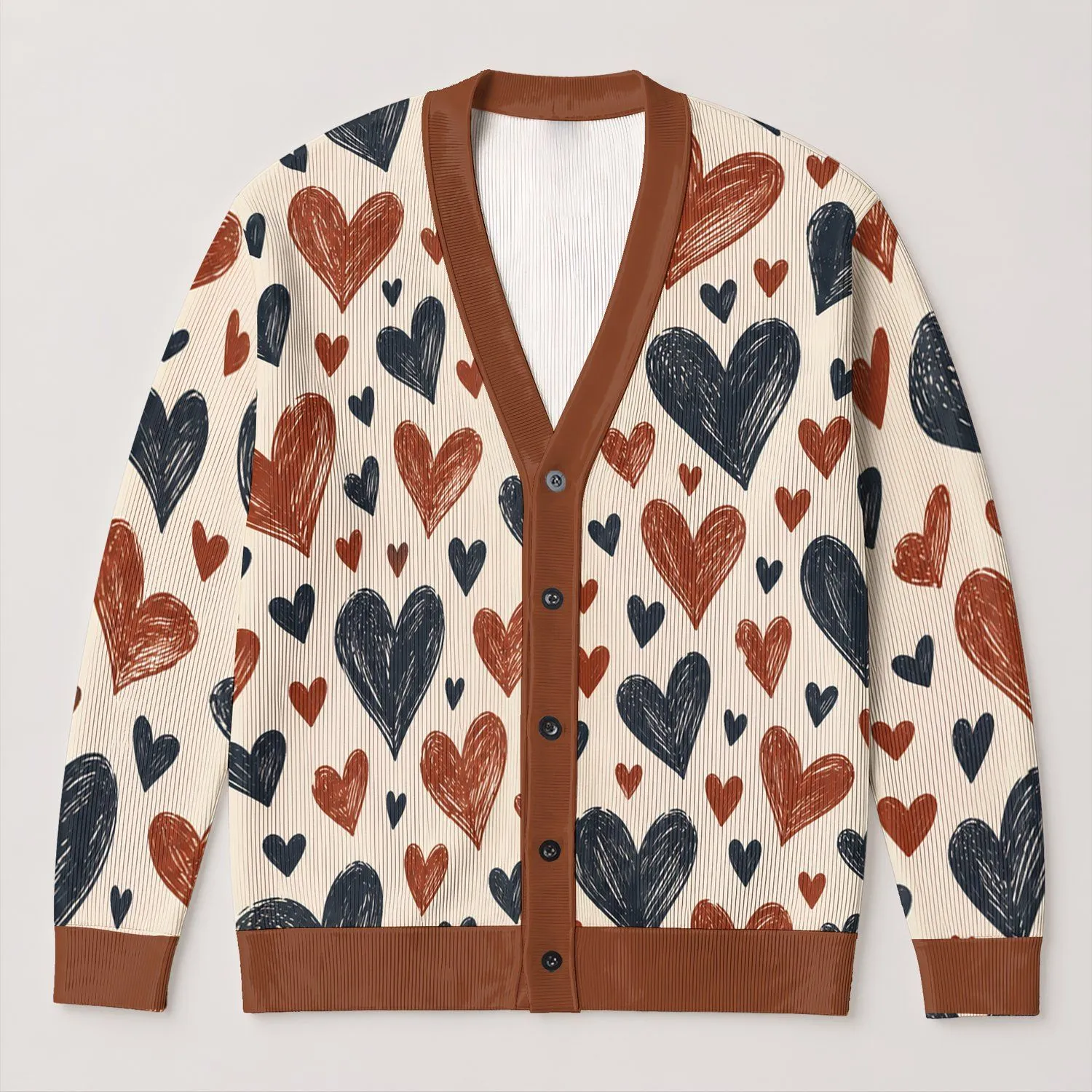 Rust Navy Heart Motifs for Cozy Everyday Layering and Romantic Casual Women's Style All-over Print Knitted Cardigan - 1