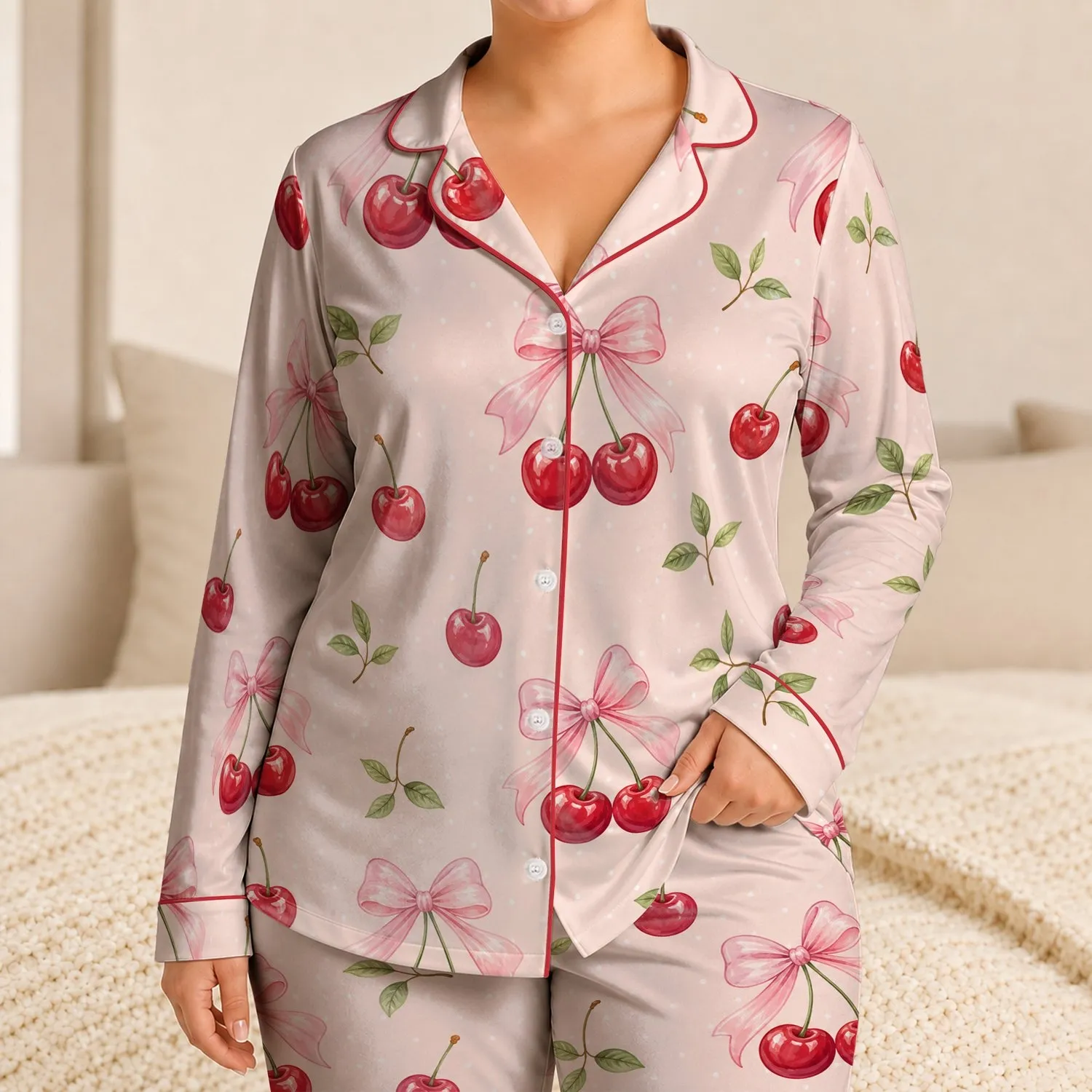Cherry Bow Cottage Evenings, Blush Pastel Motifs for Cozy Summer Nights for Girls Satin Pajamas Set - 1