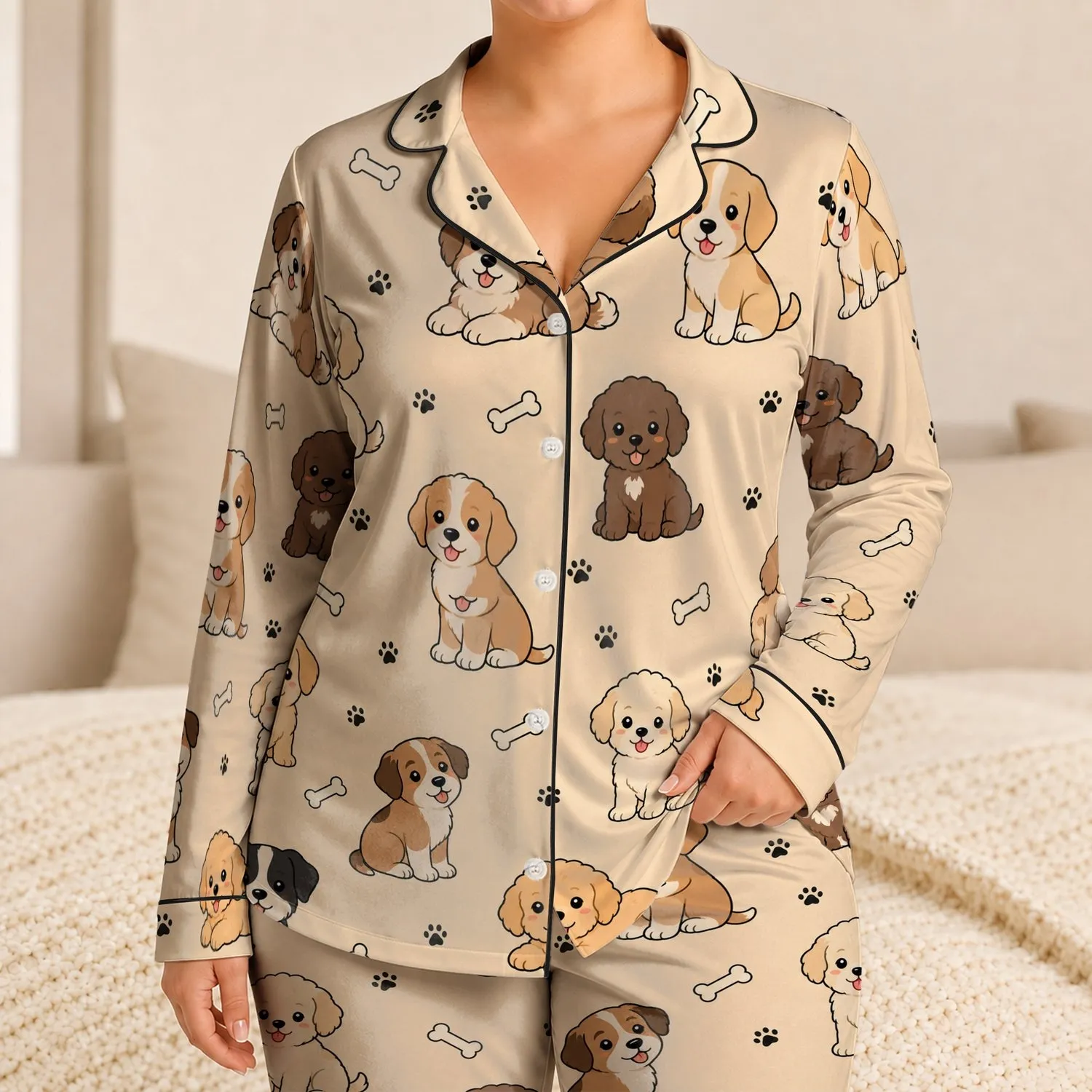 Apricot Puppy Nursery Motif for Cozy Bedtime, Toddler Gifts, and Playful Lounging Satin Pajamas Set - 1