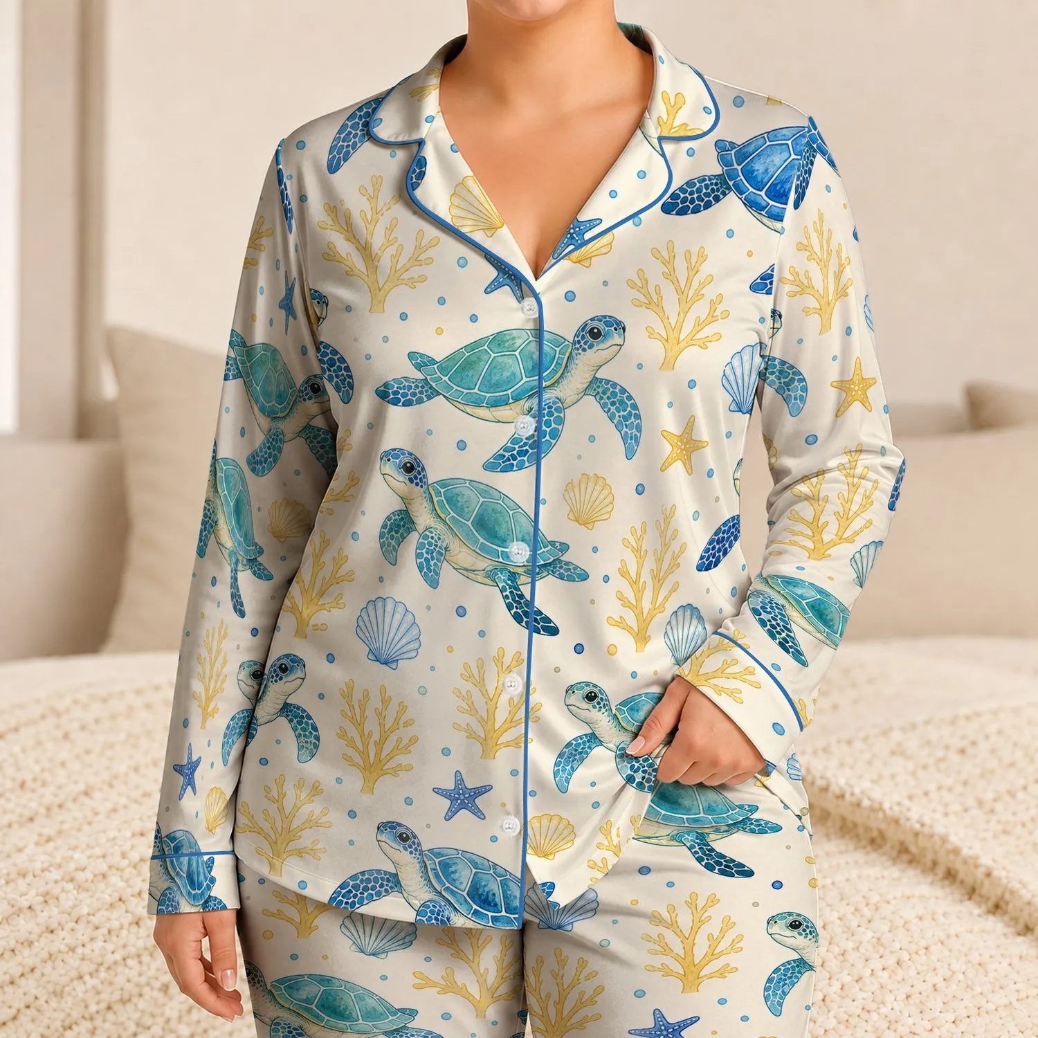 Sea Turtle Coastal Vacation Lounge Look For Kids And Family Beach Days Satin Pajamas Set - 1