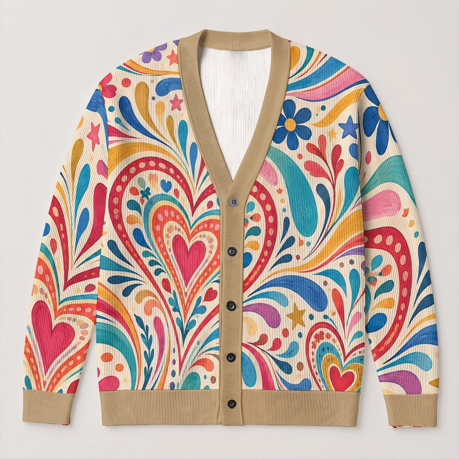 Rainbow Heart Swirls for Colorful Spring Summer Layering, Women's Casual Style Wardrobe All-over Print Knitted Cardigan - 1