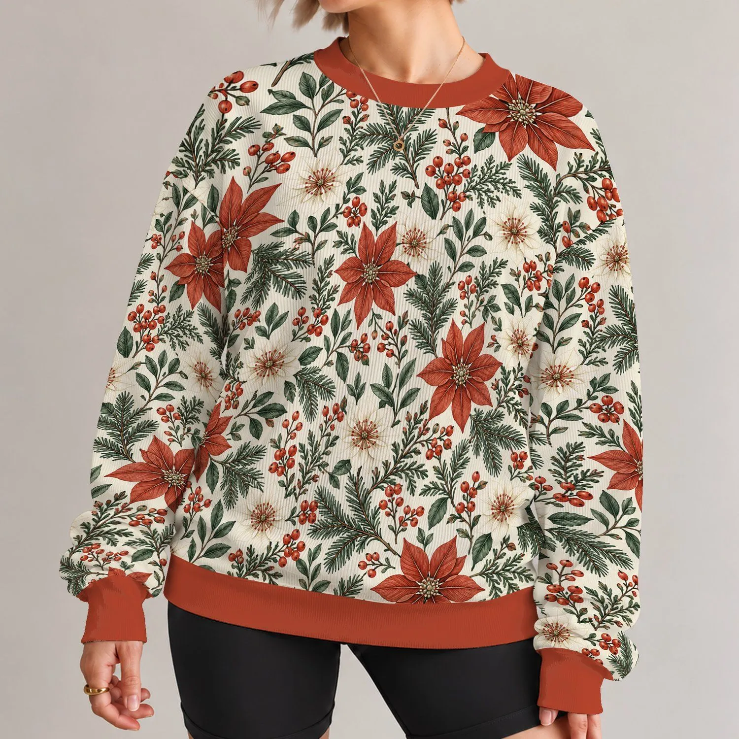 Rust Poinsettia and Evergreen Botanicals for Cozy Holiday Gatherings and Seasonal Style All-over Print Knitted Sweater - 1