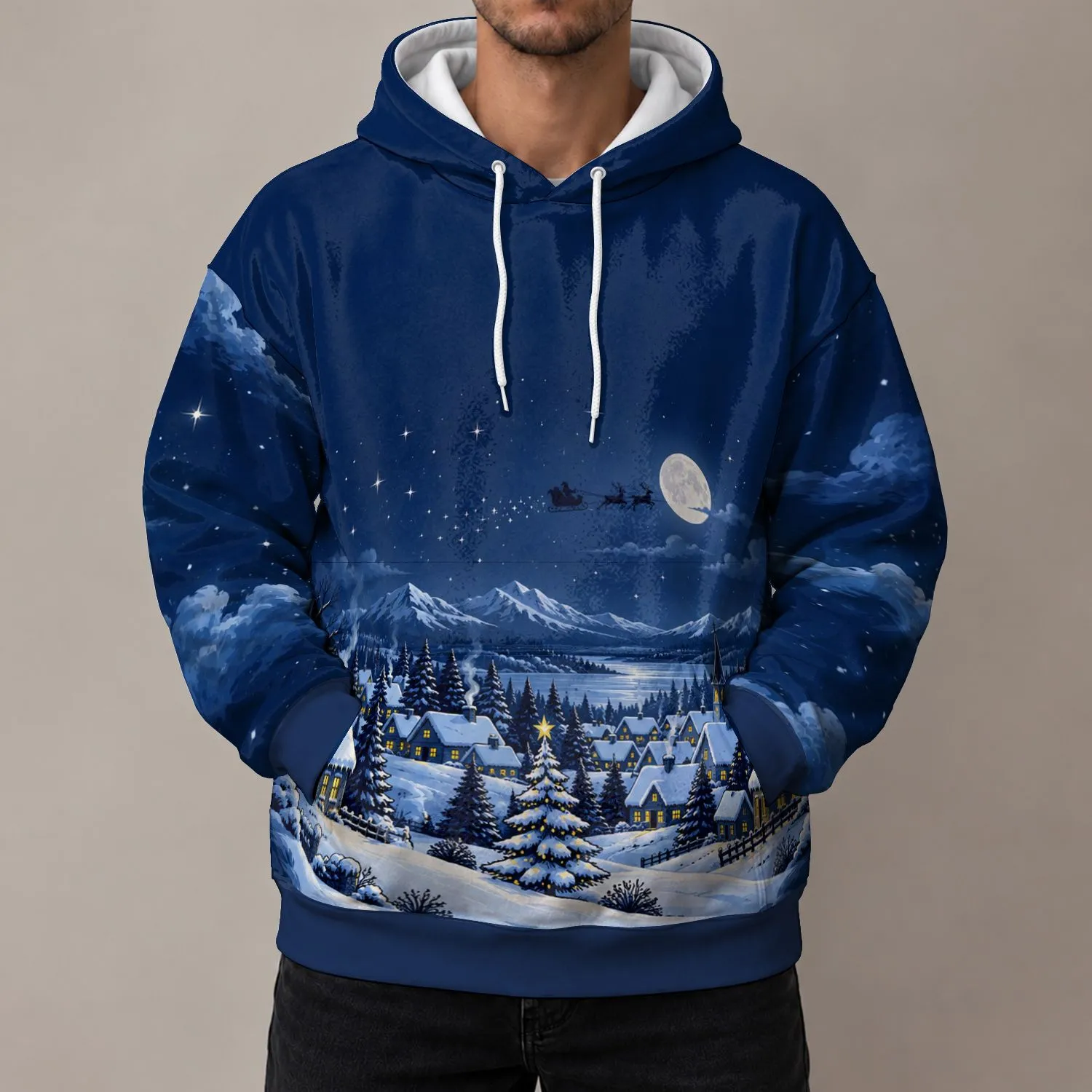 Moonlit Christmas Village With Reindeer Sleigh For Cozy Winter Holiday Style All-over Print Hoodie (Lightweight) - 1