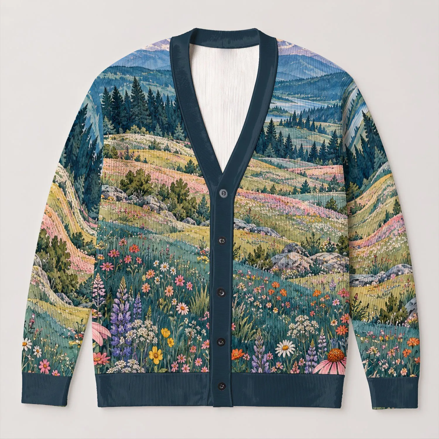 Whimsical Alpine Wildflower Landscape For Relaxed Weekend Layering Women's Style All-over Print Knitted Cardigan - 1