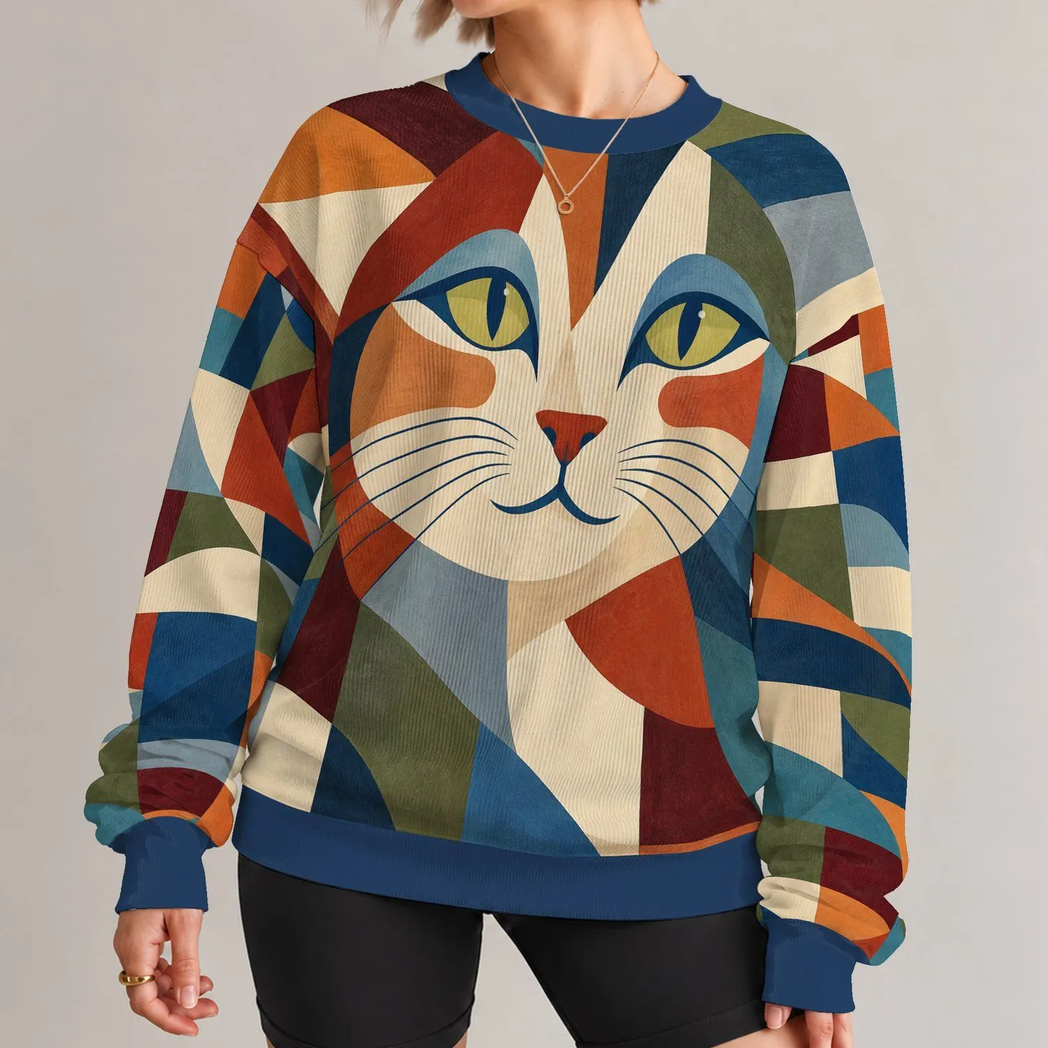 Cat Face Color Blocks for Creative Casual Style and Everyday Artistic Expression All-over Print Knitted Sweater - 1