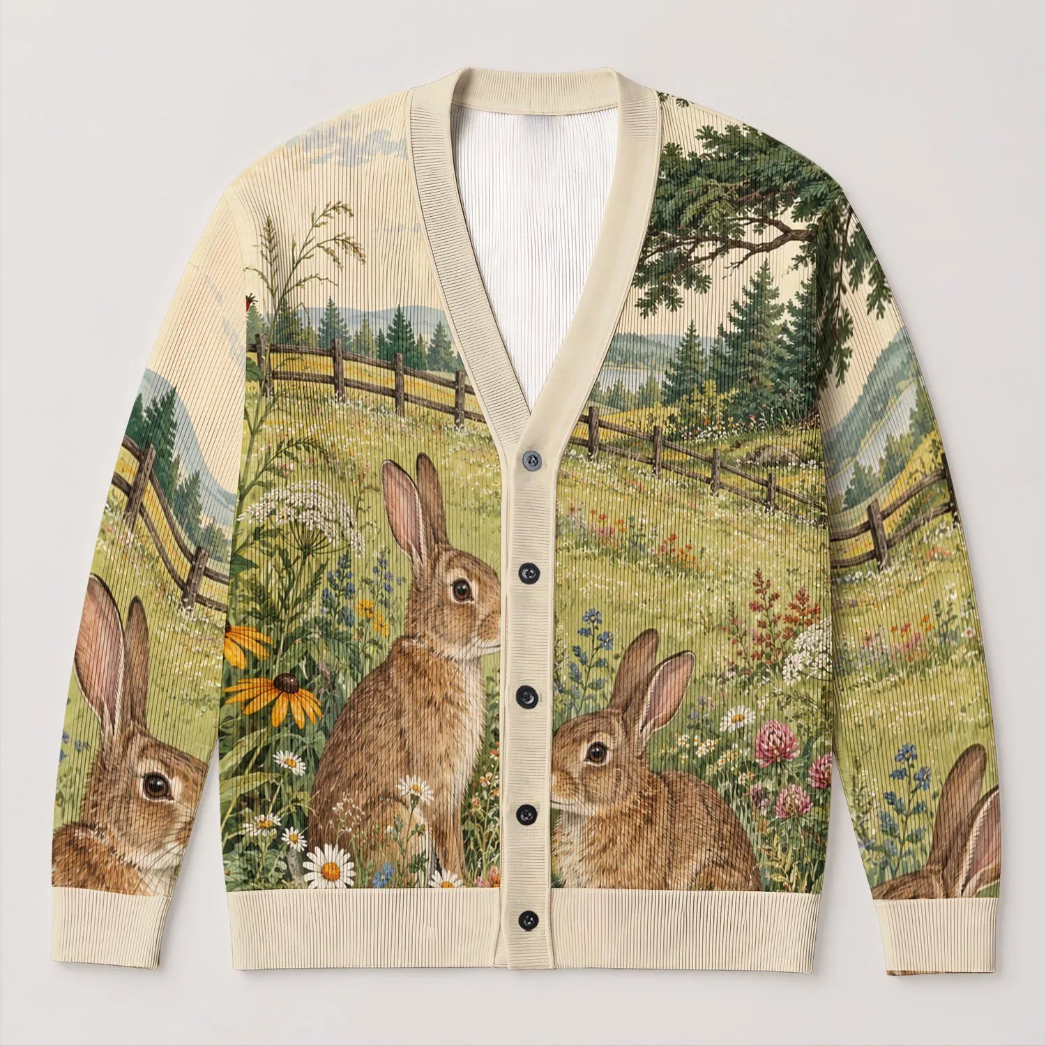 Forest Rabbit Meadow Scene for Relaxed Autumn Layering, Women's Woodland Cottage Style All-over Print Knitted Cardigan - 1