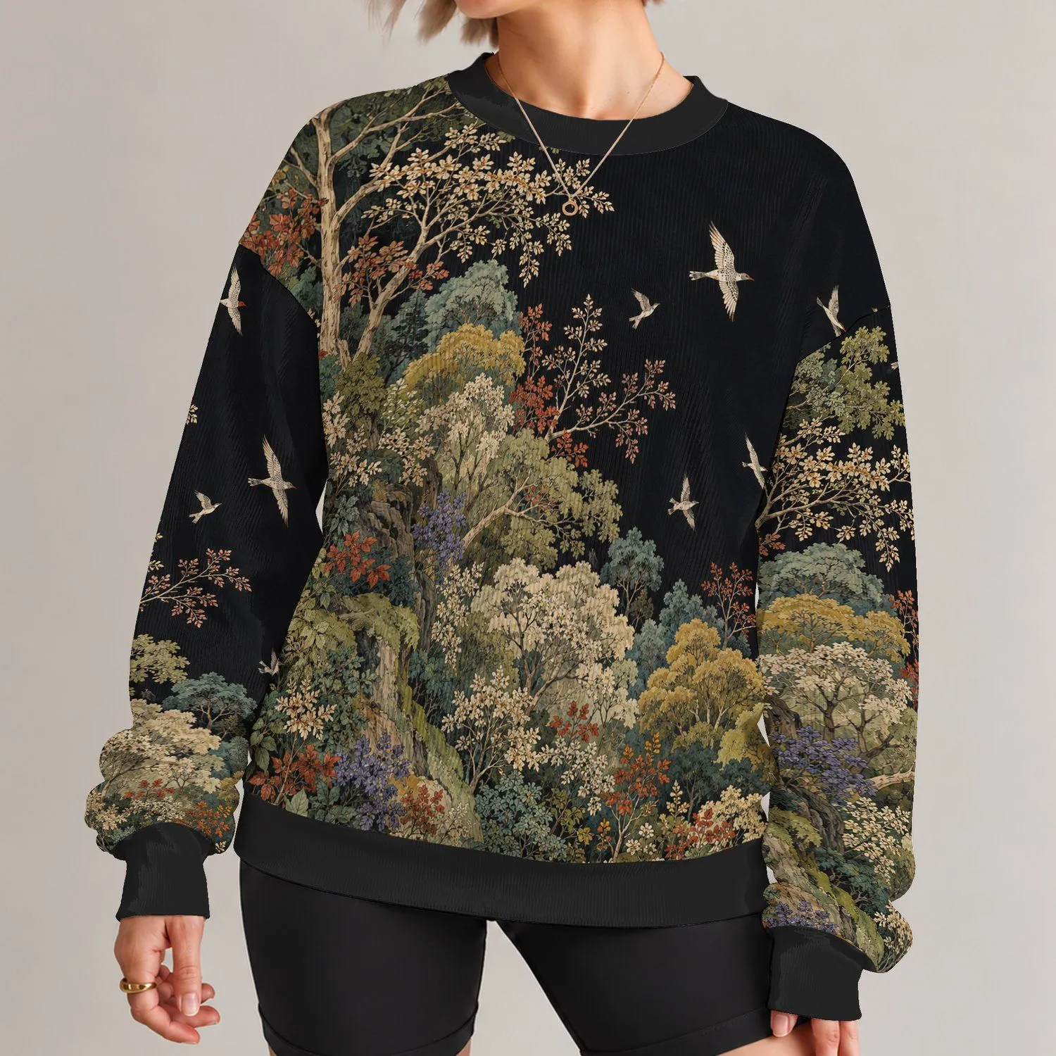 Woodland Bird Flock and Forest Canopy for Nature-Inspired Everyday Wear All-over Print Knitted Sweater - 1