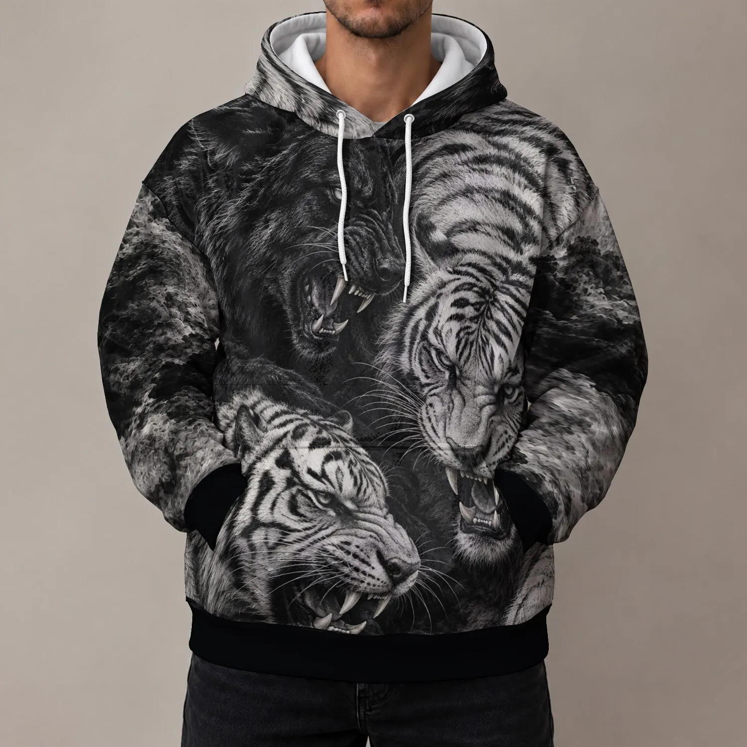 Monochrome Tiger And Wolf Wildlife Art For Outdoor Adventures And Everyday Wear All-over Print Hoodie (Lightweight) - 1