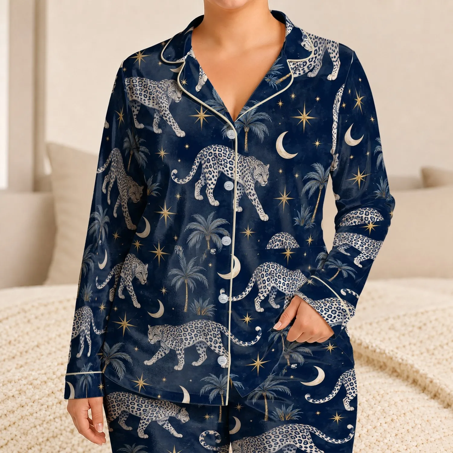 Moonlit Leopard And Palm Trees For Relaxing Tropical Nights At Home Satin Pajamas Set - 1