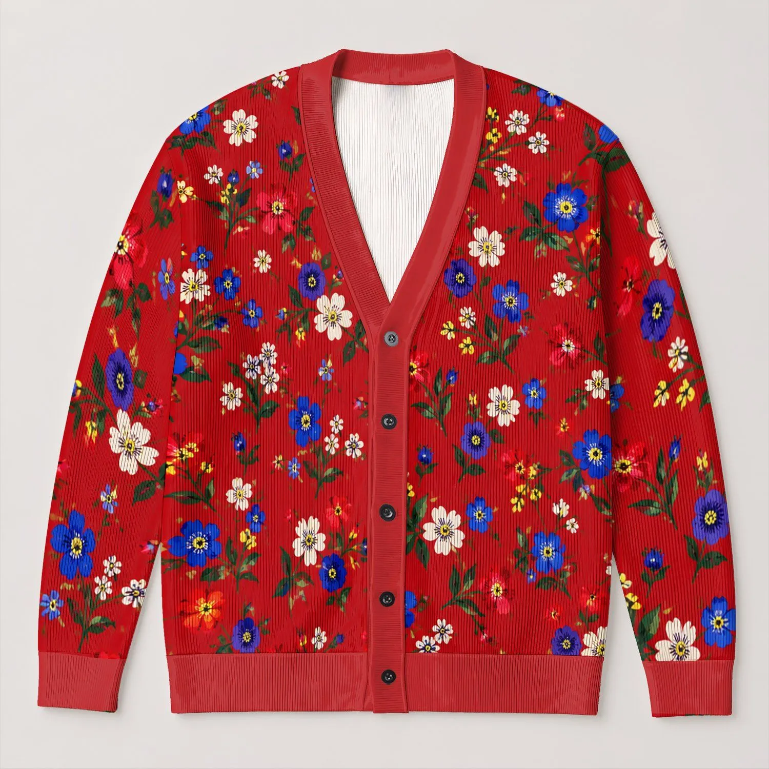 Red Floral Blooms for Cozy Autumn Layering and Everyday Colorful Style for Women All-over Print Knitted Cardigan - 1