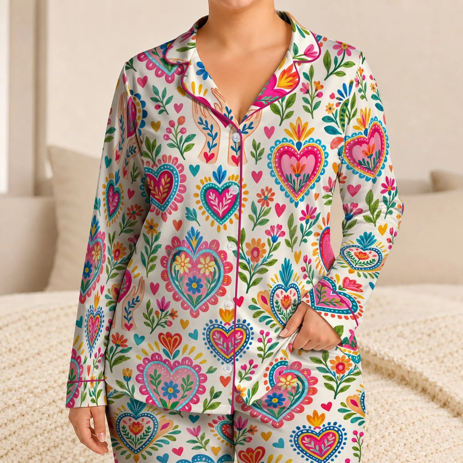 Colorful Folk Hearts for Cozy Valentine's Day Lounging and Cheerful Everyday Comfort Satin Pajamas Set - 1