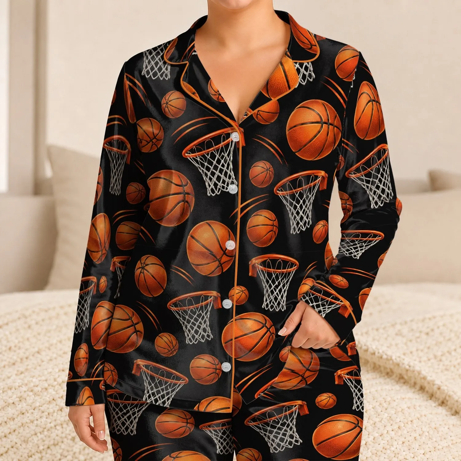 Basketball Hoops and Orange Balls for Cozy Game Night Fans Satin Pajamas Set - 1