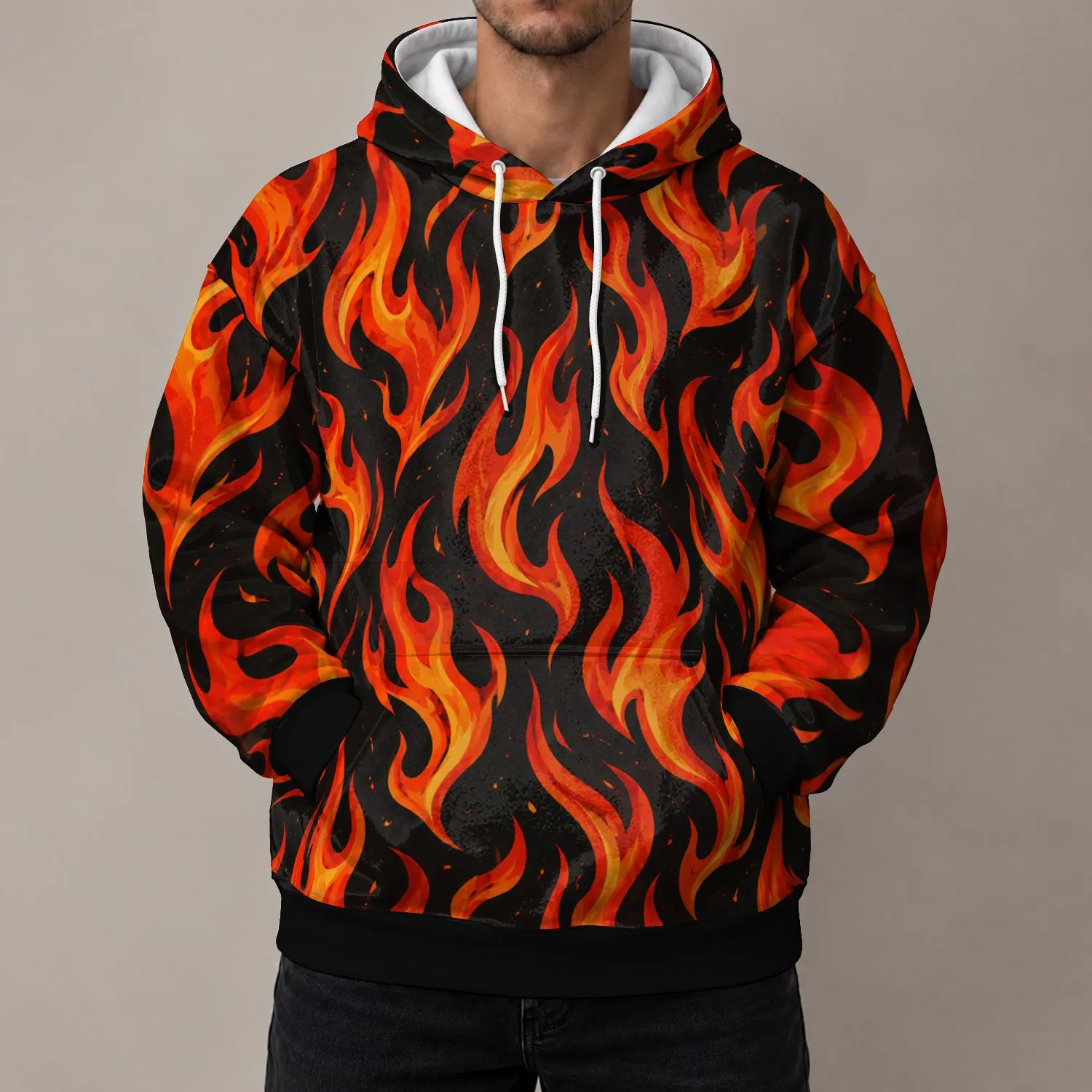 Vibrant Orange Flame Motifs for Festival Nights and Bold Everyday Streetwear Style All-over Print Hoodie (Lightweight) - 1