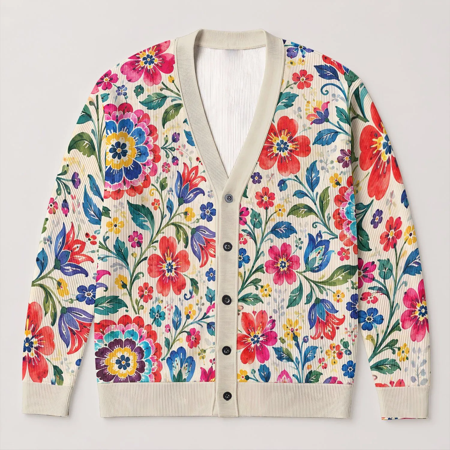 Colorful Folk Floral Motifs for Everyday Layering and Creative Casual Style All-over Print Knitted Cardigan - 1