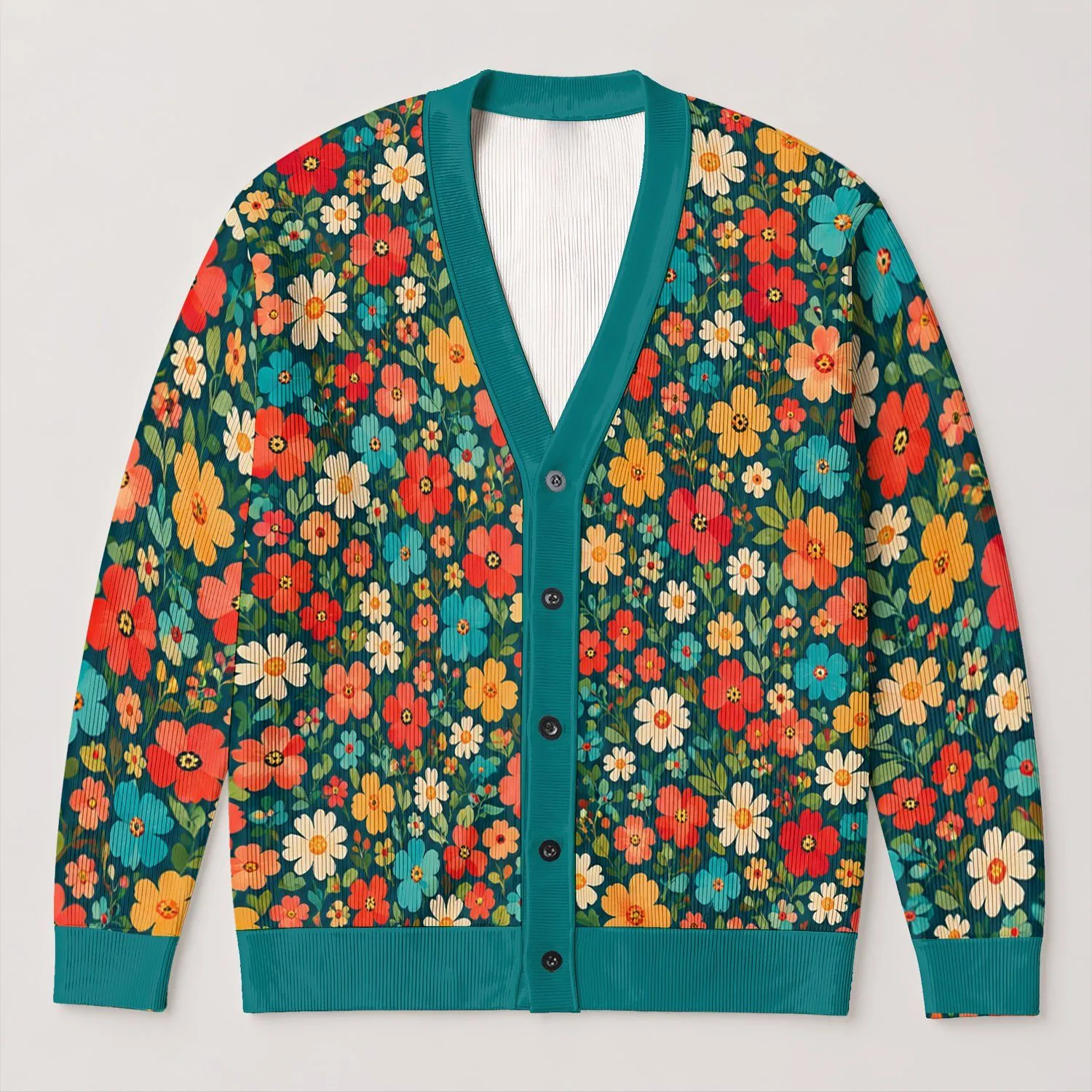 Dense Teal Floral Blooms for Colorful Everyday Autumn Layering and Cozy Casual Style All-over Print Knitted Cardigan - 1