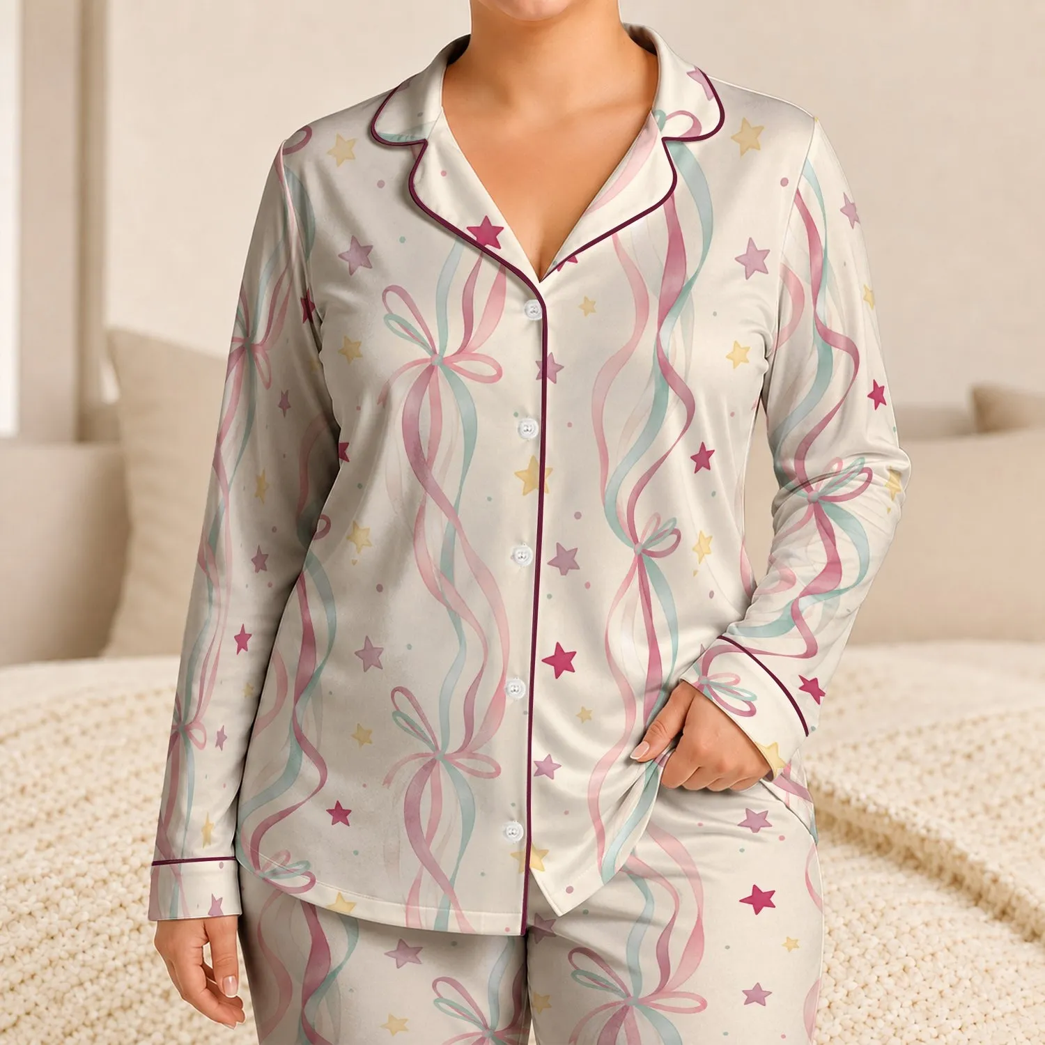 Pastel Ribbon And Star Motif For Cozy Lounge Evenings And Giftable Gifts For Women Satin Pajamas Set - 1
