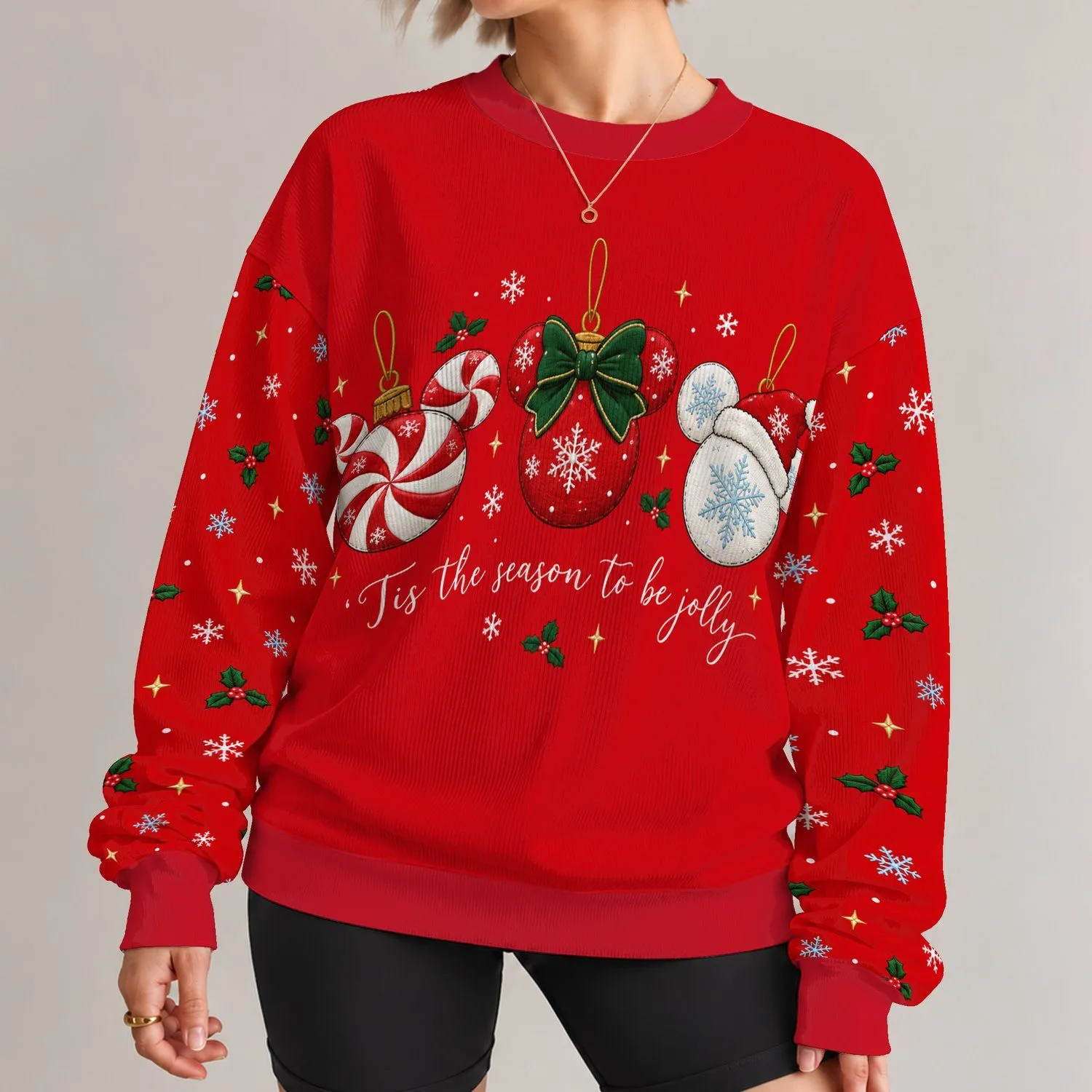 Three Festive Mouse-Ear Christmas Ornaments for Holiday Party Cheer and Gift Giving Joy All-over Print Knitted Sweater - 1