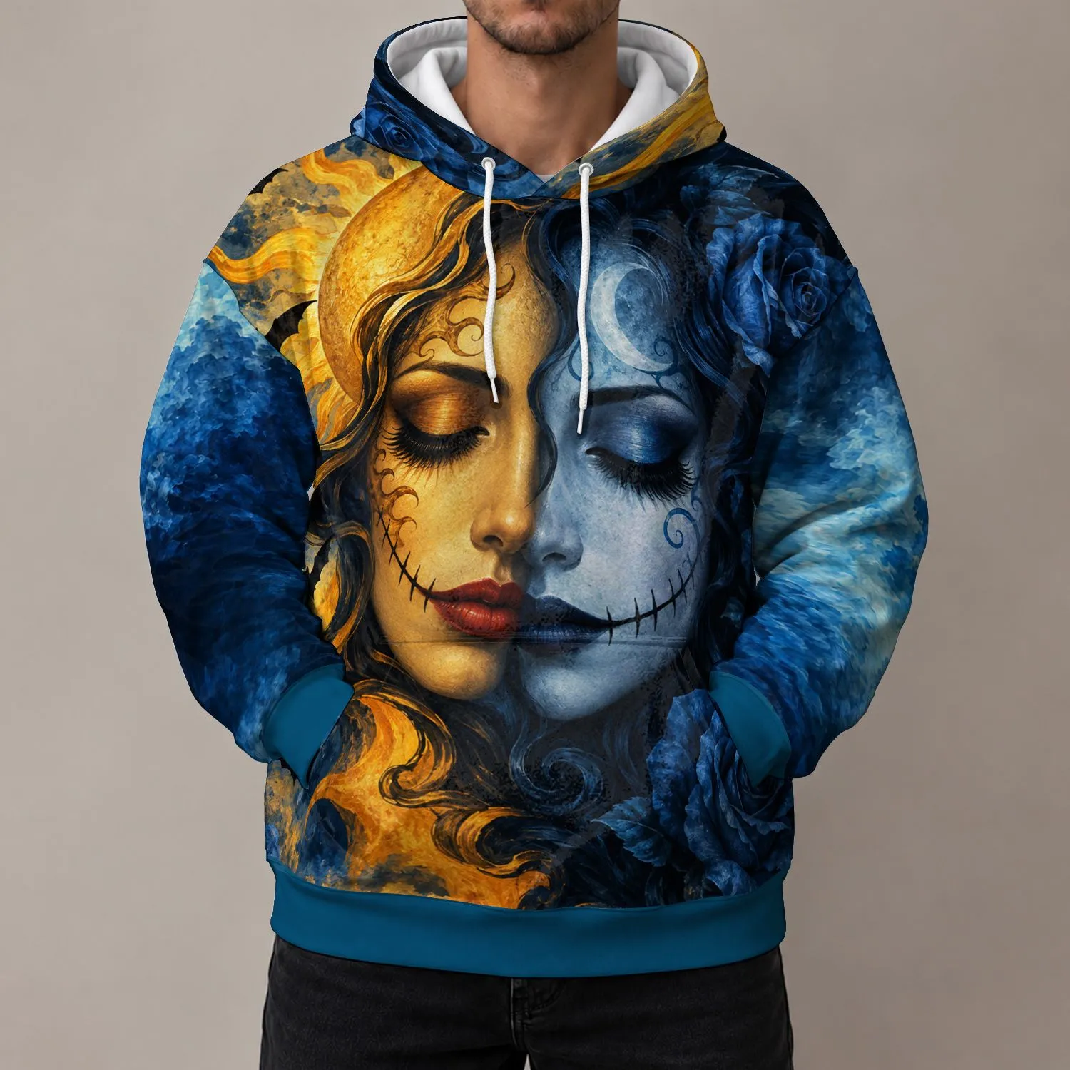 Split Sun And Moon Faces For Halloween Nights, Gothic Gatherings And Autumn Evenings All-over Print Hoodie (Lightweight) - 1