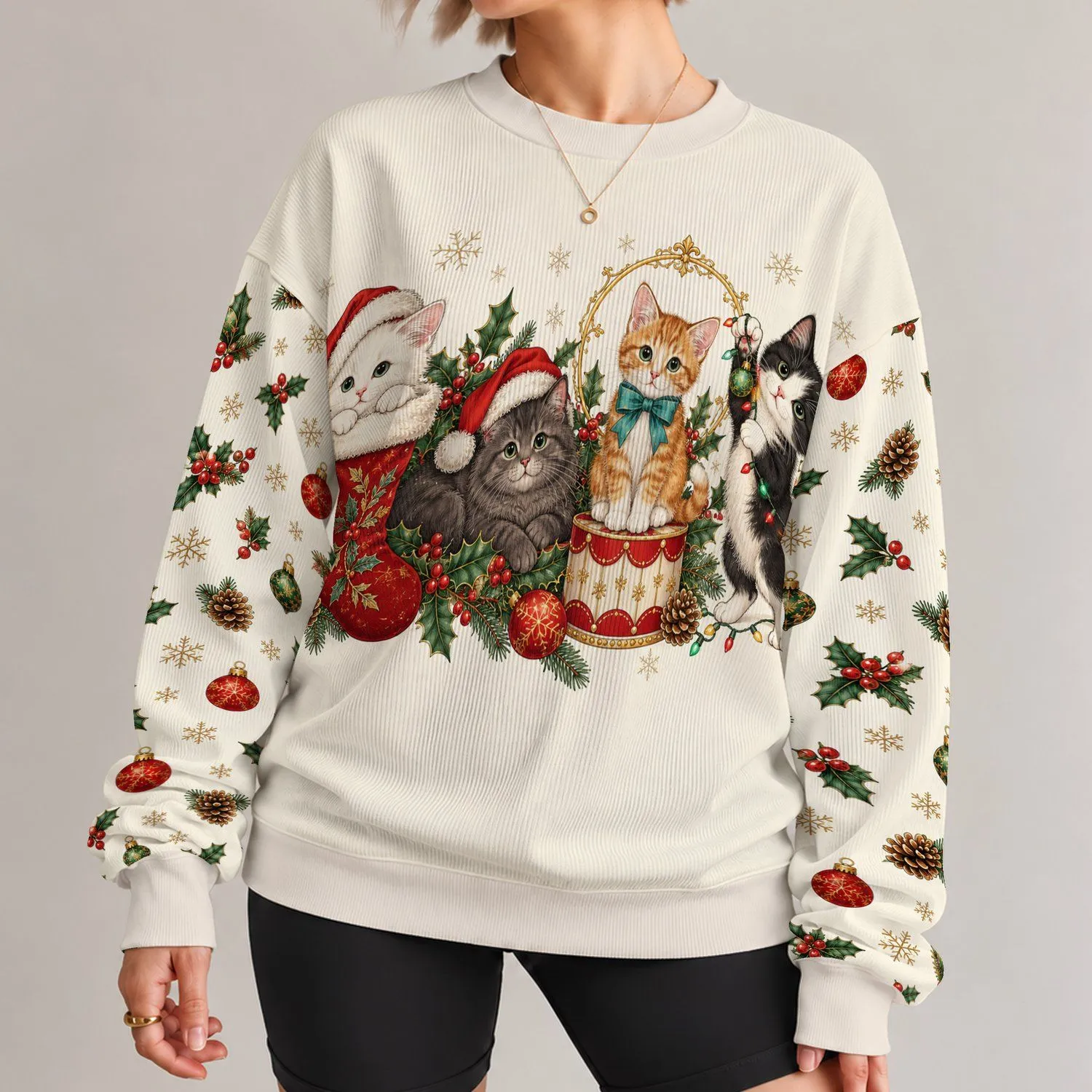 Festive Christmas Cats with Santa Hats and Holiday Cheer for Cozy Winter Gift Giving All-over Print Knitted Sweater - 1