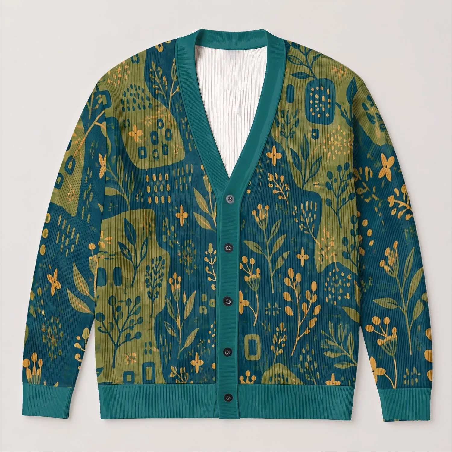 Teal Olive Folk Botanical Motifs for Cozy Autumn Layering and Everyday Style All-over Print Knitted Cardigan - 1
