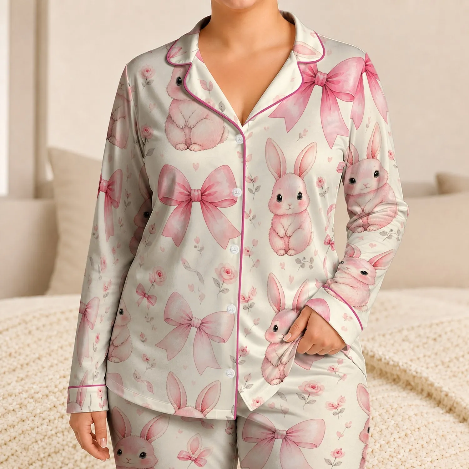 Easter Bunny And Bow Watercolor On Ivory For Cozy Spring Nights At Home For Girls Satin Pajamas Set - 1