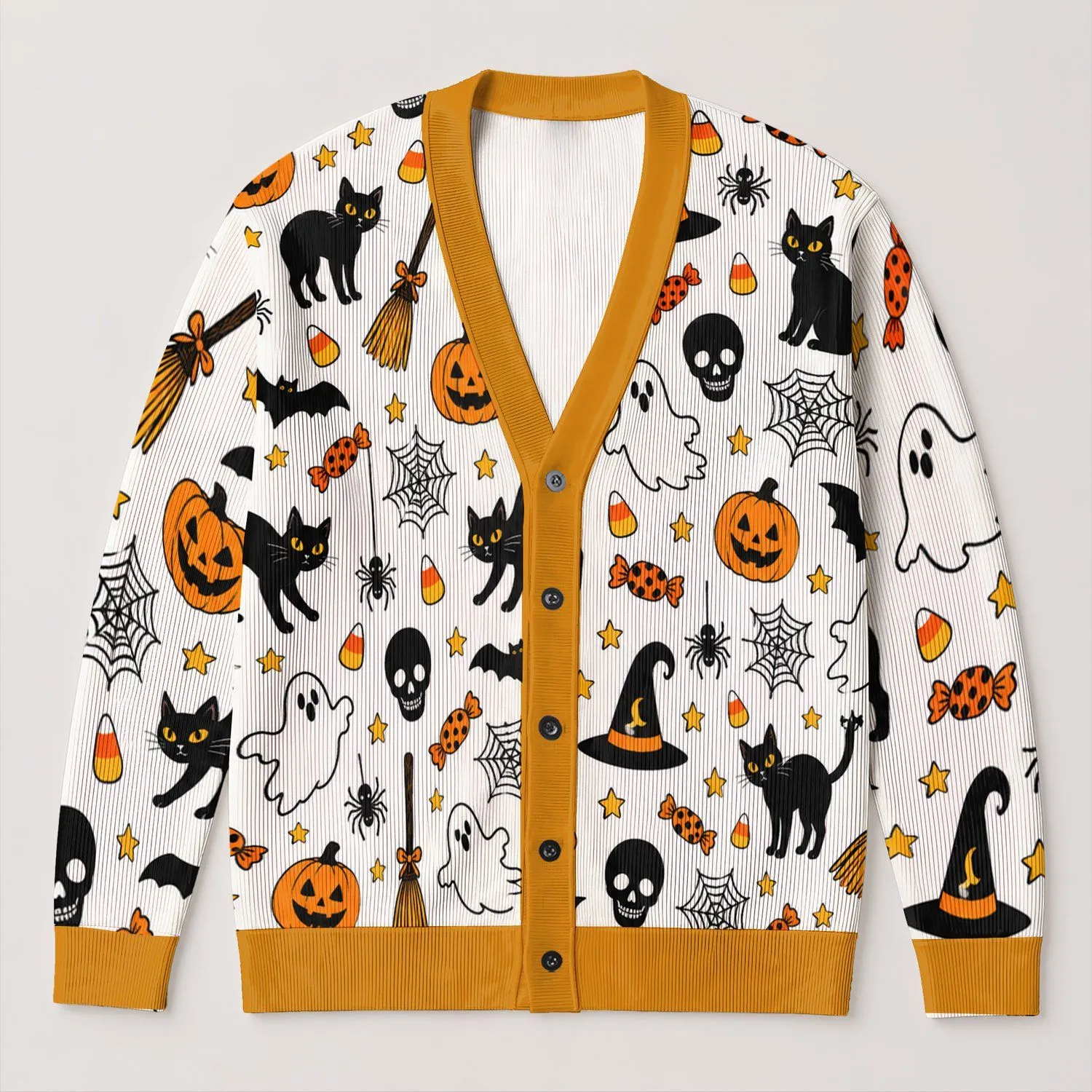 Halloween Bats, Cats & Pumpkins for Spooky October Gatherings and Festive Layering All-over Print Knitted Cardigan - 1