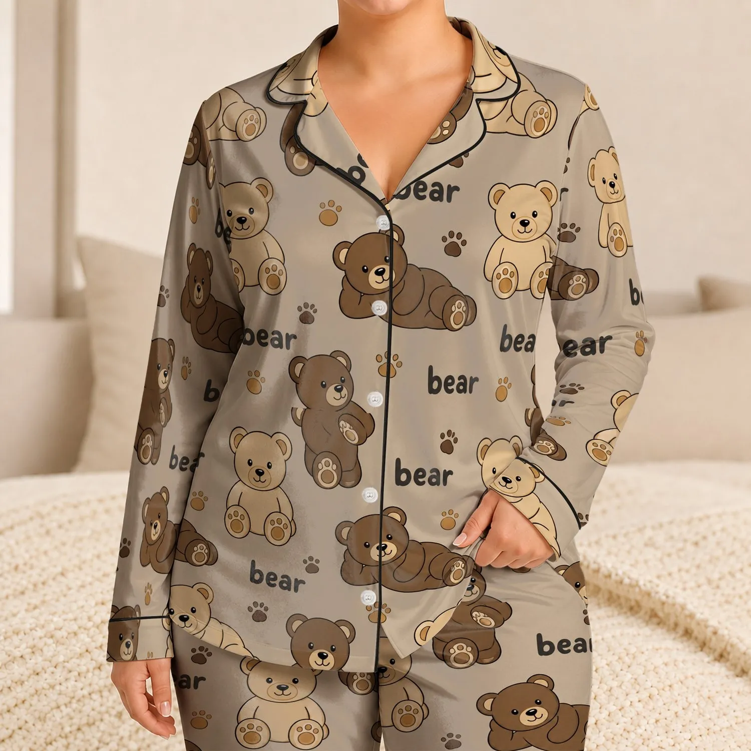 Sweet Bear Motif For Cozy Bedtime Comfort At Home For Women And Teens Everyday Gift Satin Pajamas Set - 1