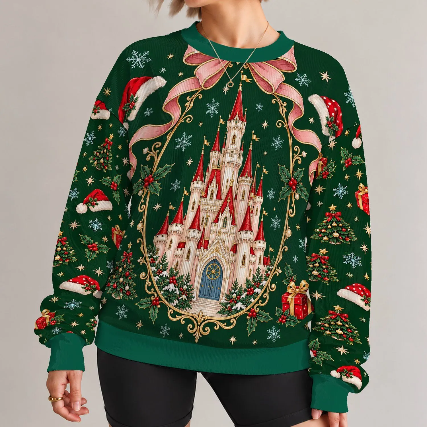 Fairytale Castle and Christmas Holly for Enchanting Holiday Celebrations and Winter Trips All-over Print Knitted Sweater - 1