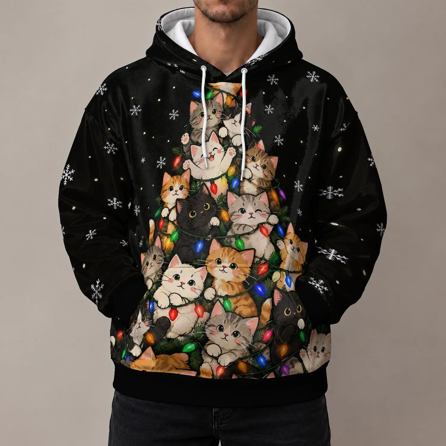 Christmas Kitten Tree Scene for Festive Winter Celebrations and Cozy Cat Lovers All-over Print Hoodie (Lightweight) - 1