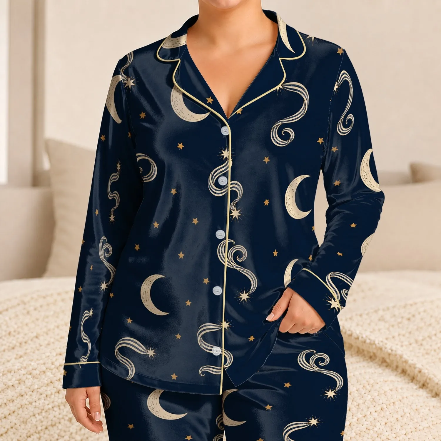Moon And Star Nightscape For Relaxed Bedtime Comfort At Home For Women And Teens Satin Pajamas Set - 1