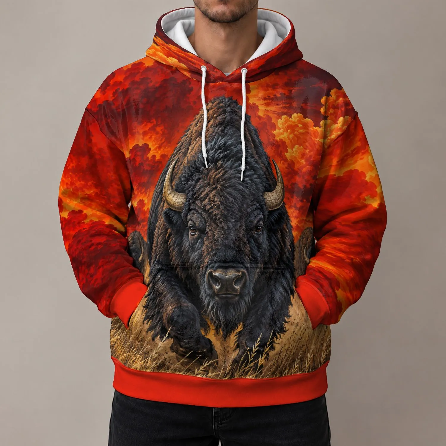 Charging Bison In Fiery Grassland For Bold Outdoor Adventures And Everyday Wear All-over Print Hoodie (Lightweight) - 1