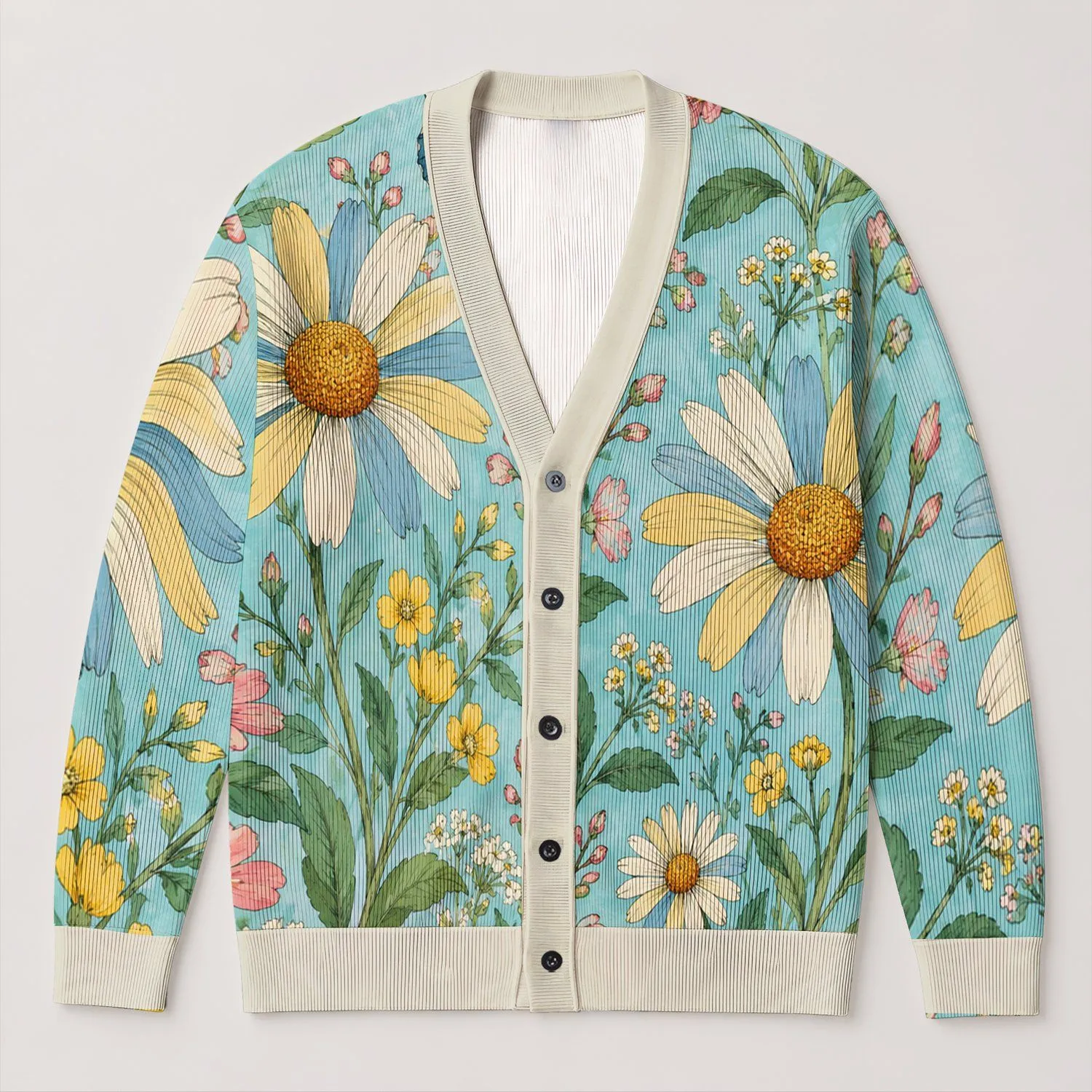Blue Butterfly and Wildflower Garden for Relaxed Everyday Spring Style for Women All-over Print Knitted Cardigan - 1