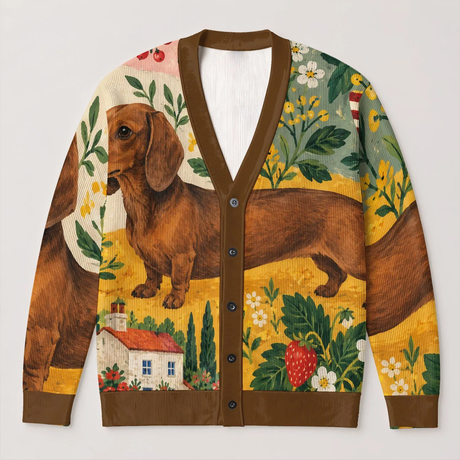 Brown Dachshund Garden Scene for Cozy Everyday Layering and Dog Lover Style All-over Print Knitted Cardigan - 1