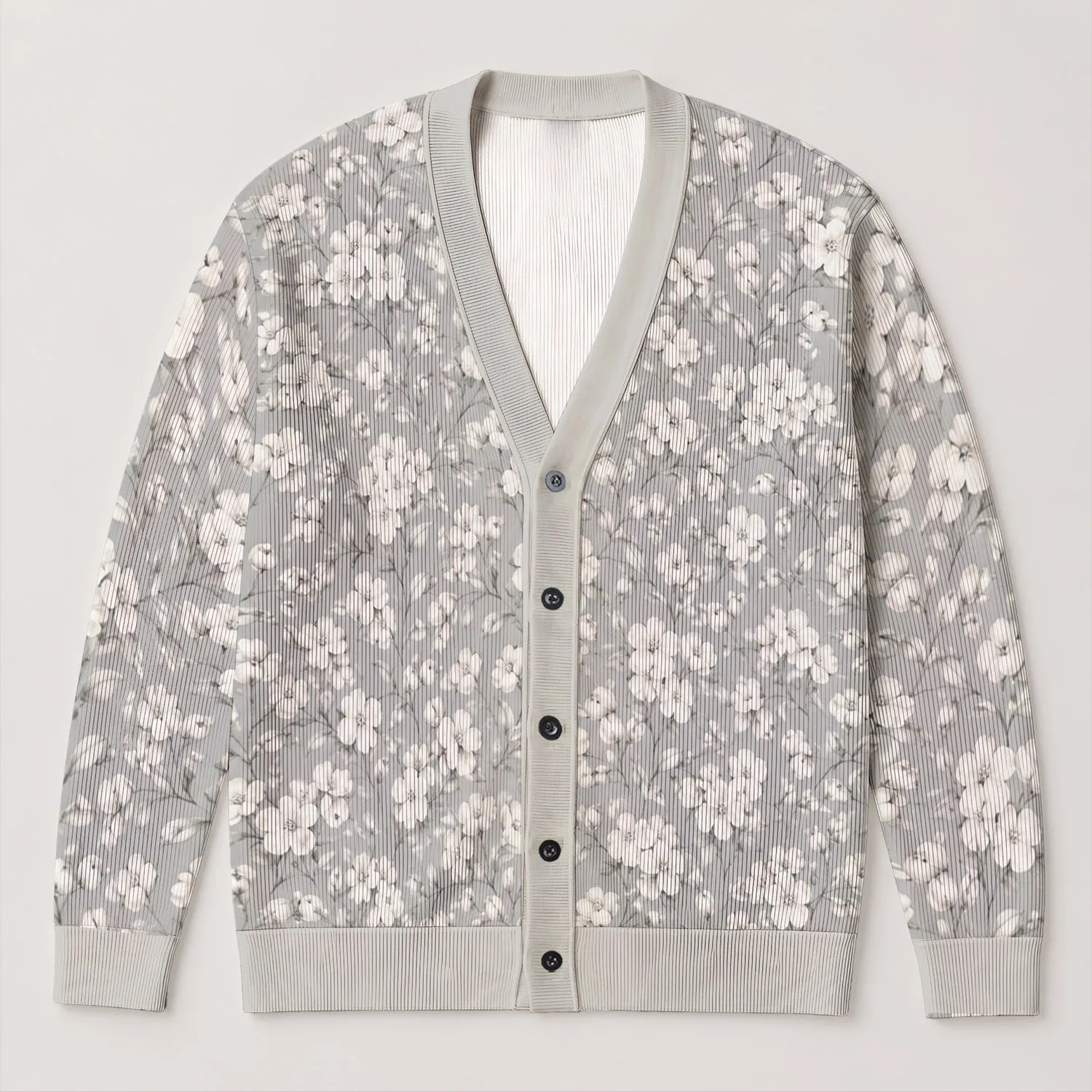 White Floral Sprigs for Soft Garden Days and Relaxed Everyday Layering All-over Print Knitted Cardigan - 1